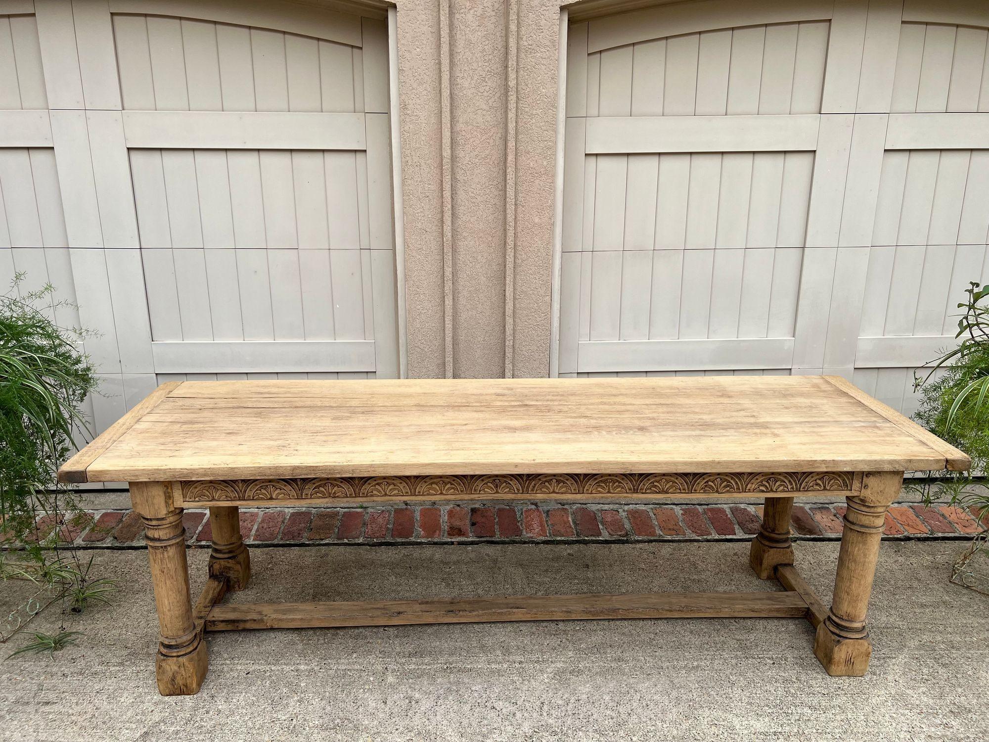 Antique French Dining Farm Table Bleached CARVED Oak 8 ft. LARGE c1880 For Sale 9