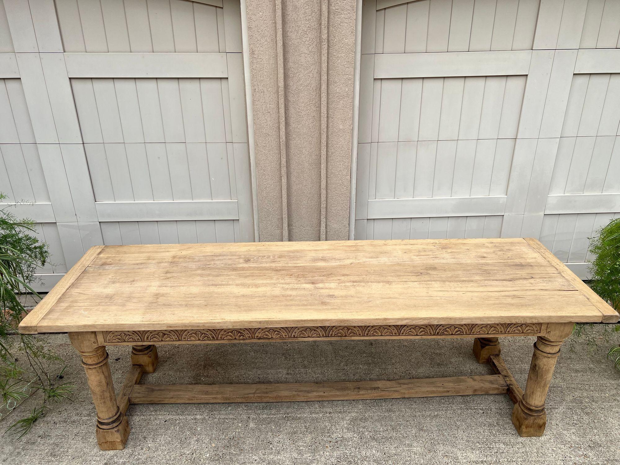 Antique French Dining Farm Table Bleached CARVED Oak 8 ft. LARGE c1880 For Sale 10