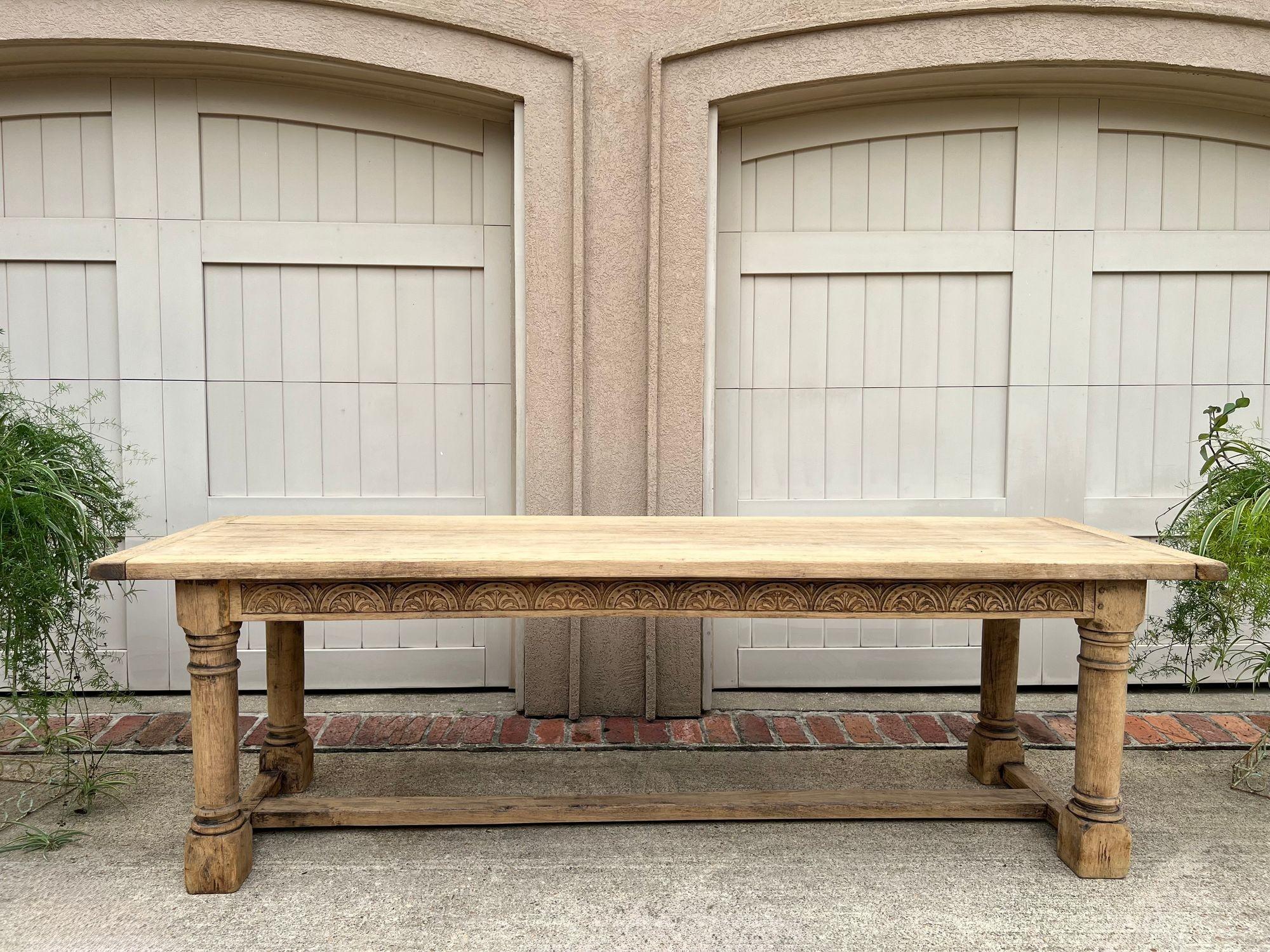 Hand-Carved Antique French Dining Farm Table Bleached CARVED Oak 8 ft. LARGE c1880 For Sale