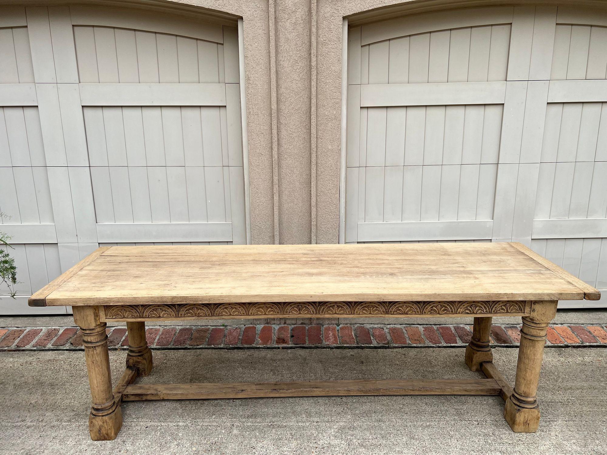 Late 19th Century Antique French Dining Farm Table Bleached CARVED Oak 8 ft. LARGE c1880 For Sale