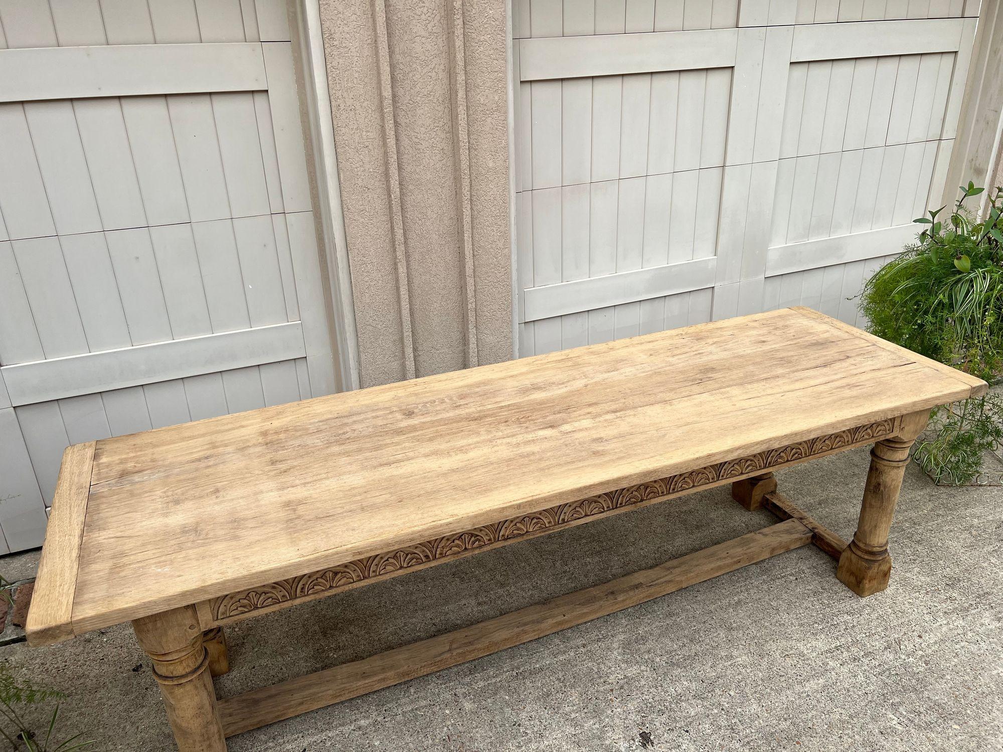 Antique French Dining Farm Table Bleached CARVED Oak 8 ft. LARGE c1880 For Sale 1