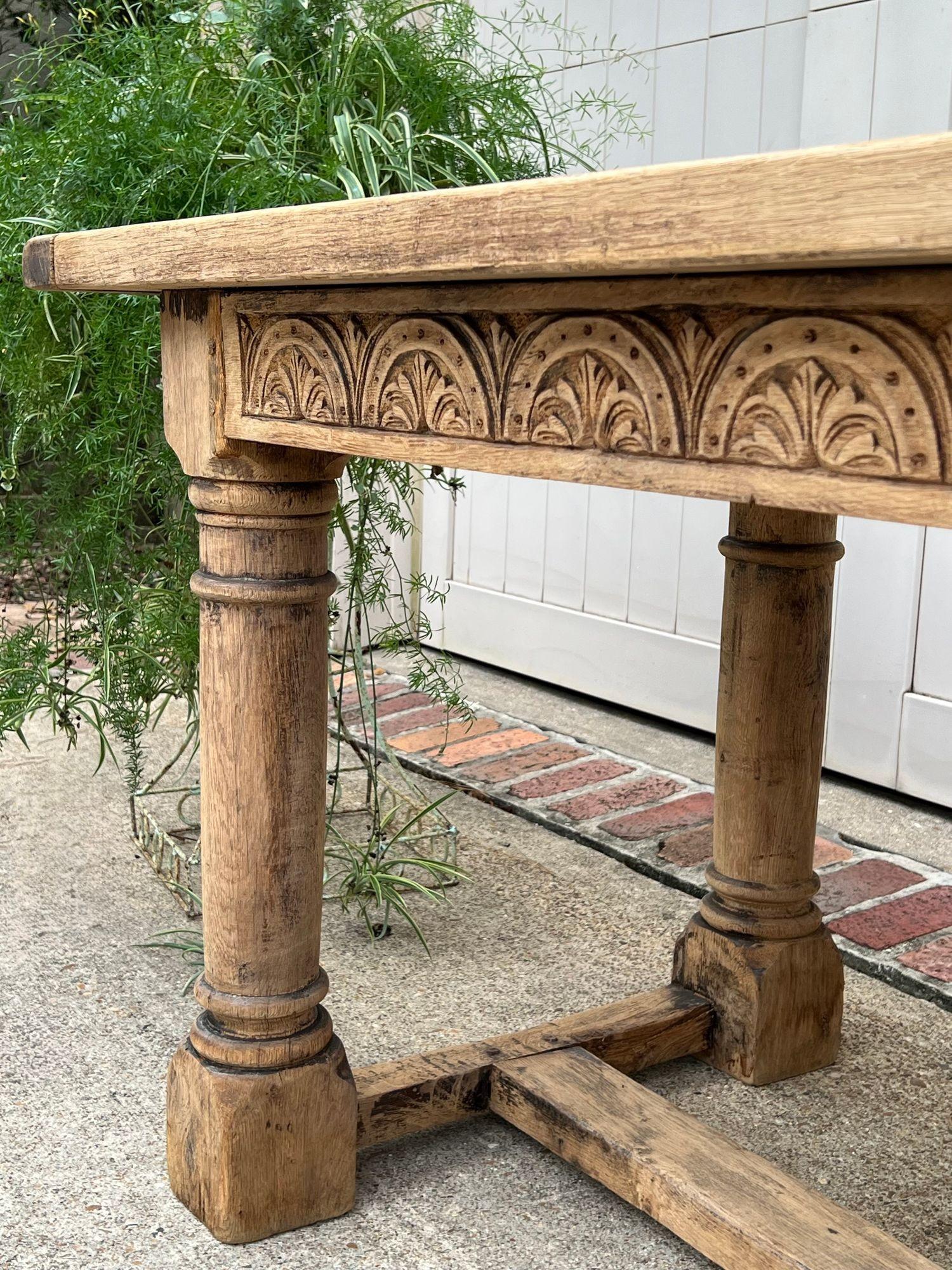 Antique French Dining Farm Table Bleached CARVED Oak 8 ft. LARGE c1880 For Sale 2
