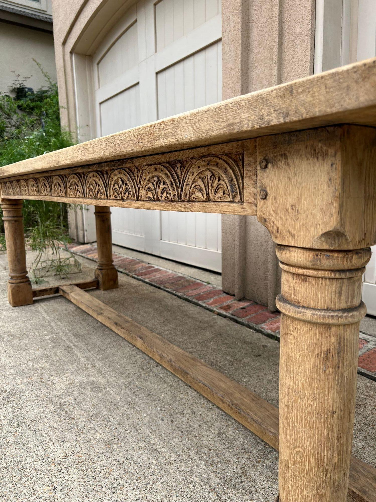 Antique French Dining Farm Table Bleached CARVED Oak 8 ft. LARGE c1880 For Sale 3