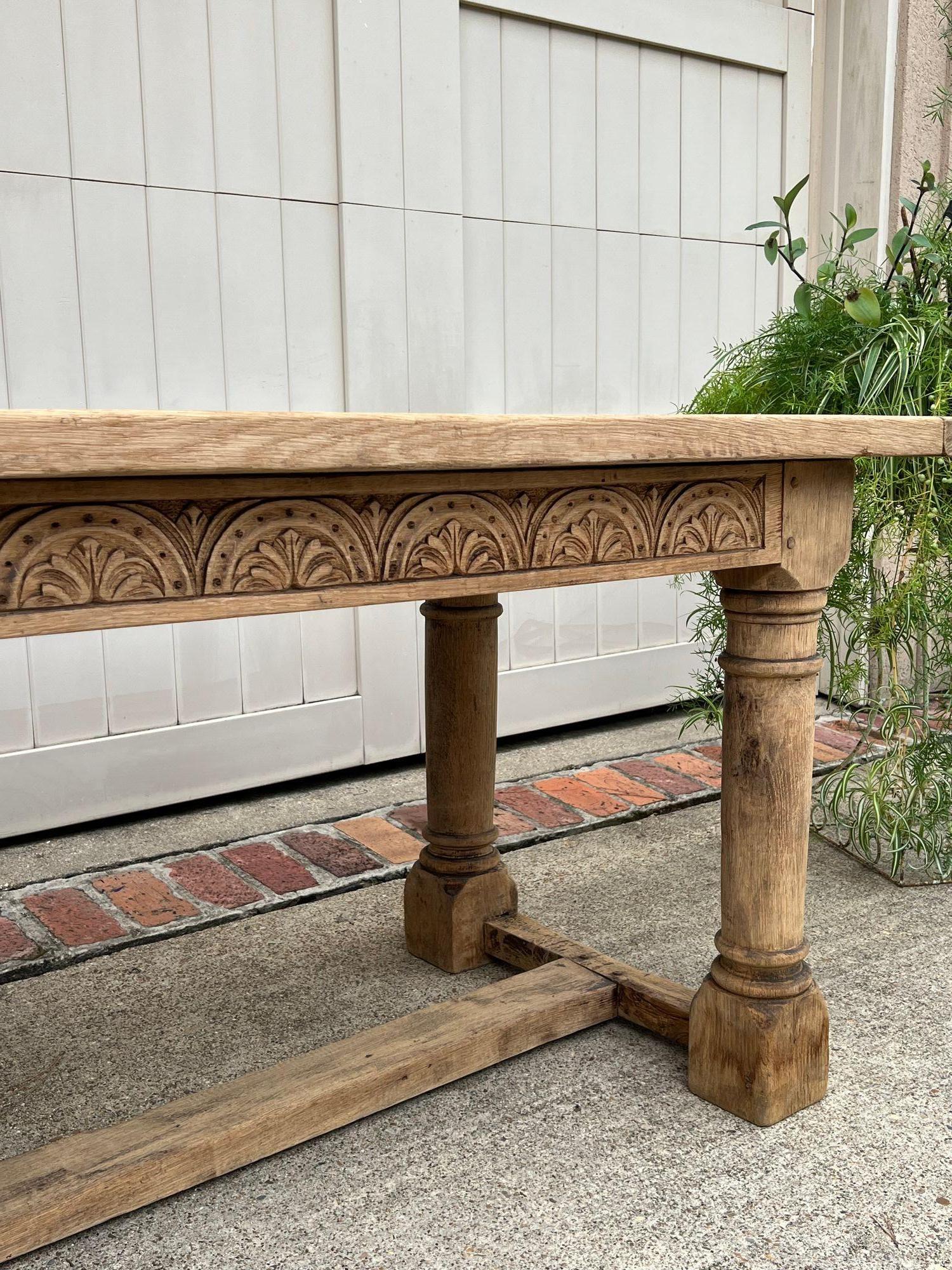 Antique French Dining Farm Table Bleached CARVED Oak 8 ft. LARGE c1880 For Sale 4