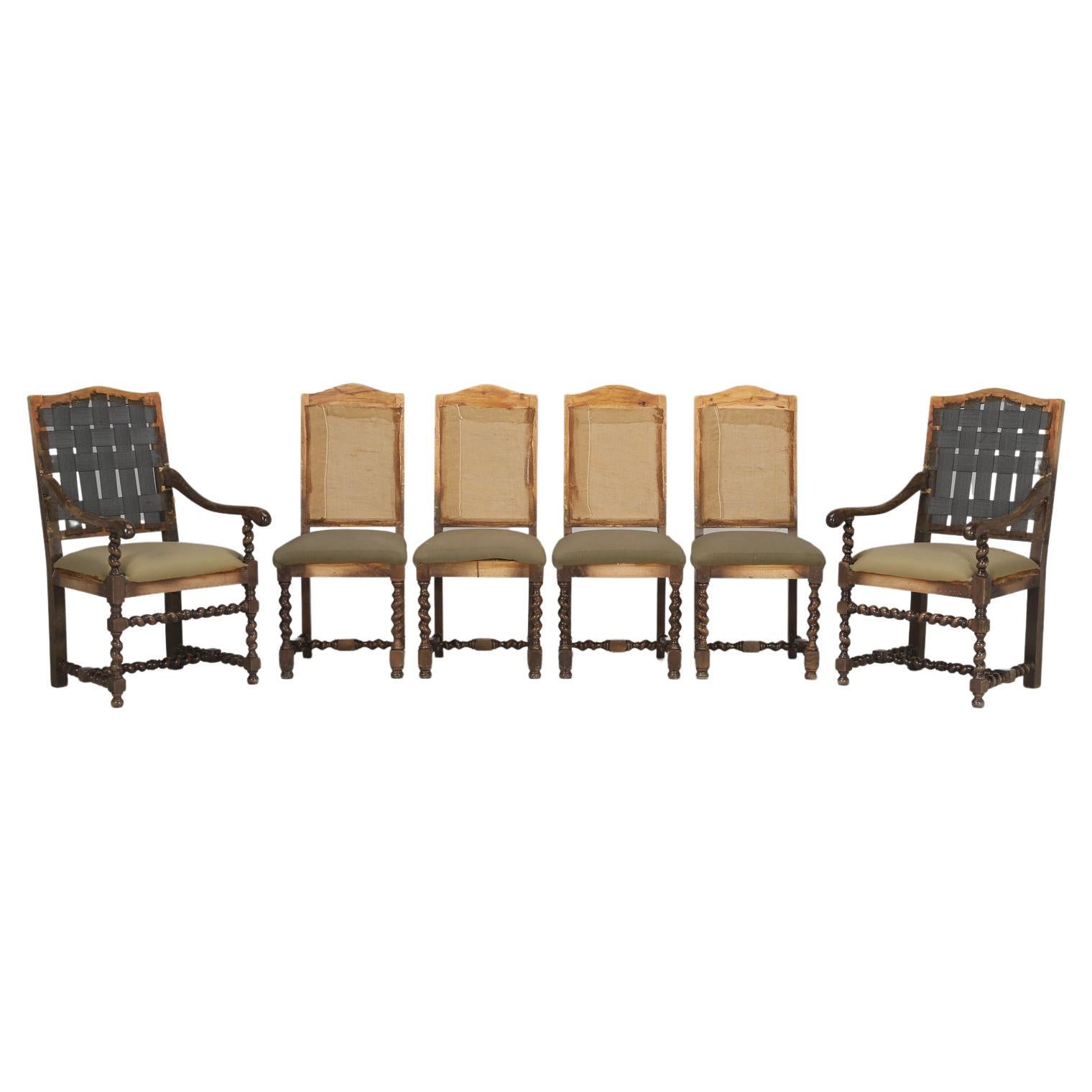 Antique French Dining Room Chairs, Barley Twist Legs, Requiring New Upholstery For Sale