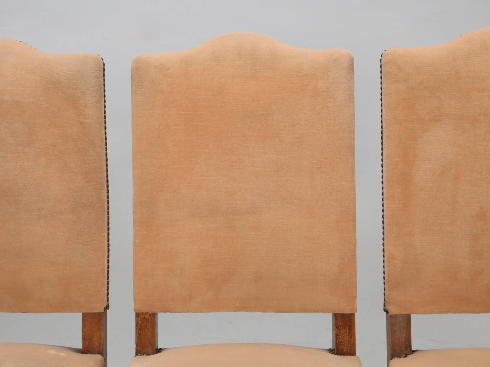 Vintage set of six French side chairs in their rather tired old upholstery. The nice thing about this set of six French dining chairs, is their construction and this set of six French chairs are actually pegged together, with old fashion wooden