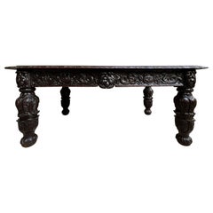 Antique French DIning Table Library Desk Renaissance Carved Oak Baroque c1880