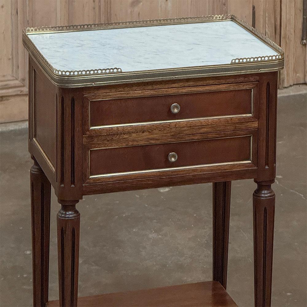 Brass Antique French Directoire Mahogany End Table with Carrara Marble For Sale