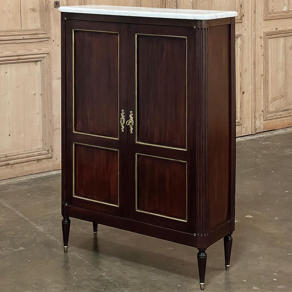 Antique French Directoire Mahogany Petite Cabinet with Carrara Marble Top is an unusual find due to its amazing quality executed on such a diminutive scale!  Perfect for cozy niches, tight spots, passageways and other 