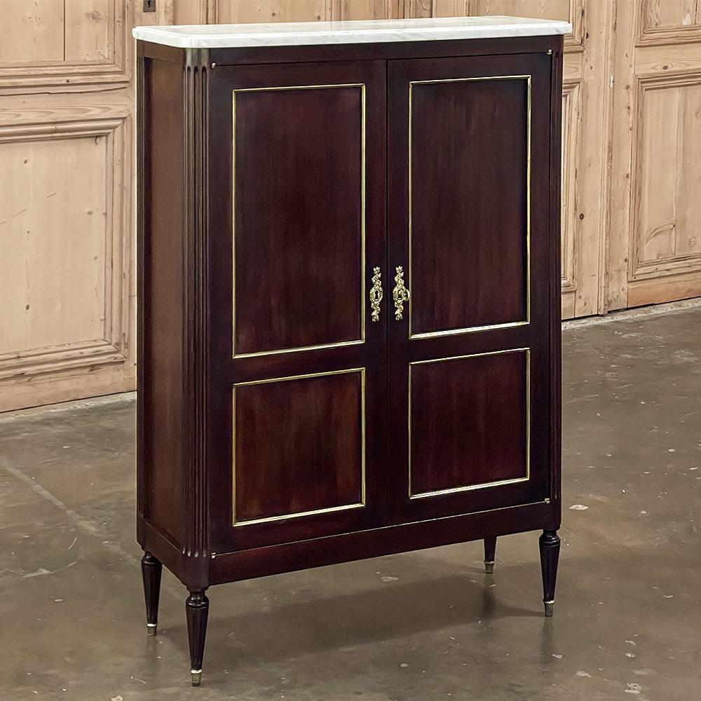 Hand-Crafted Antique French Directoire Mahogany Petite Cabinet with Carrara Marble Top For Sale