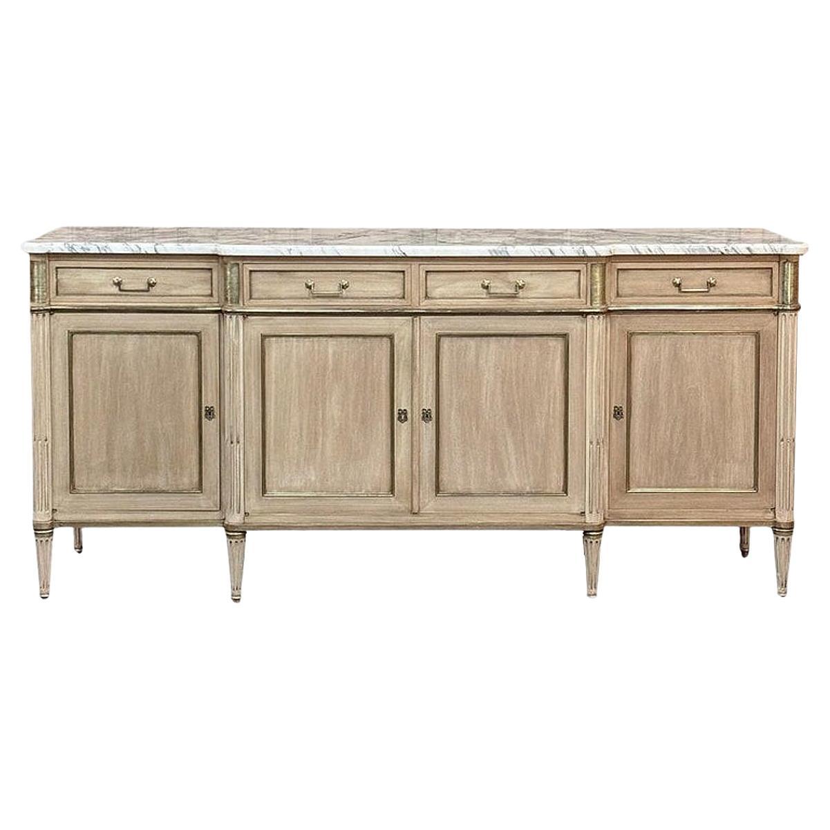 Antique French Directoire Buffet rayado con tapa de mármol de Carrara