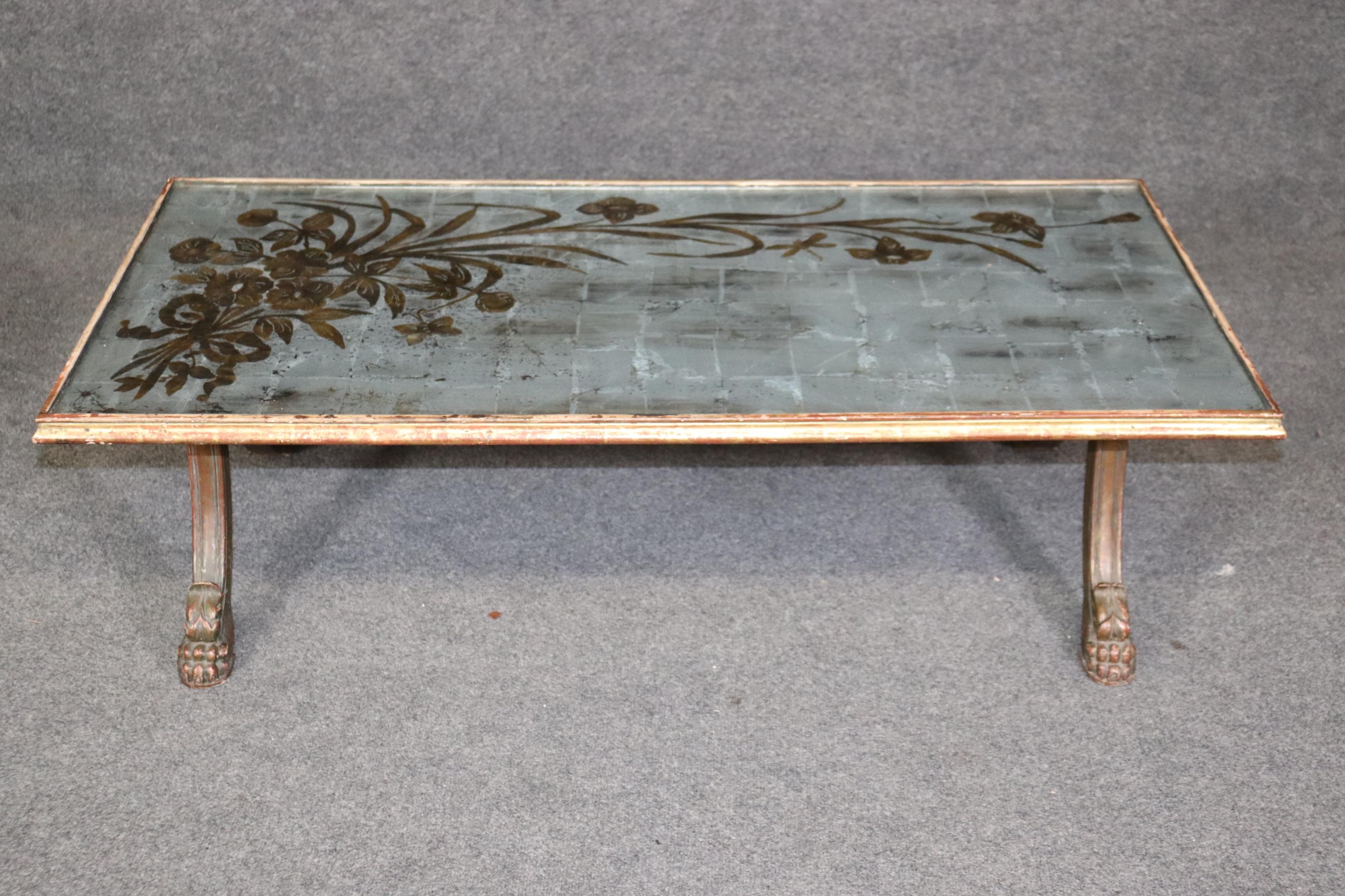 Hand-Carved Antique French Directoire Style Eglomise Gilt Coffee Table Attributed to Jansen For Sale