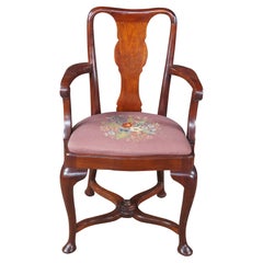 Antique French Directoire Style Mahogany Dining Arm Desk Chair Needlepoint Seat