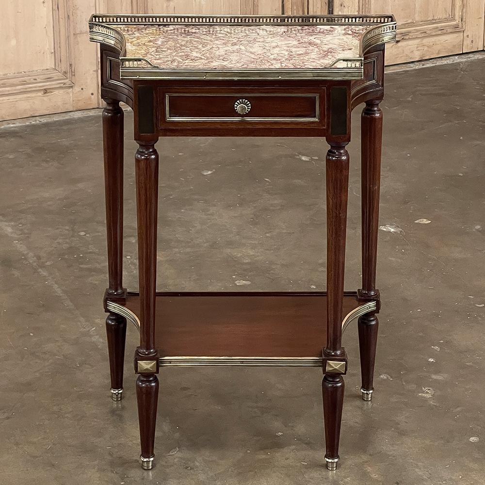 Antique French Directoire Style Mahogany Marble Top End Table ~ Nightstand is a splendid design perfect for more formal decors. Using exotic imported mahogany, the artisans created an intriguing form with concave sides and just under a foot deep,