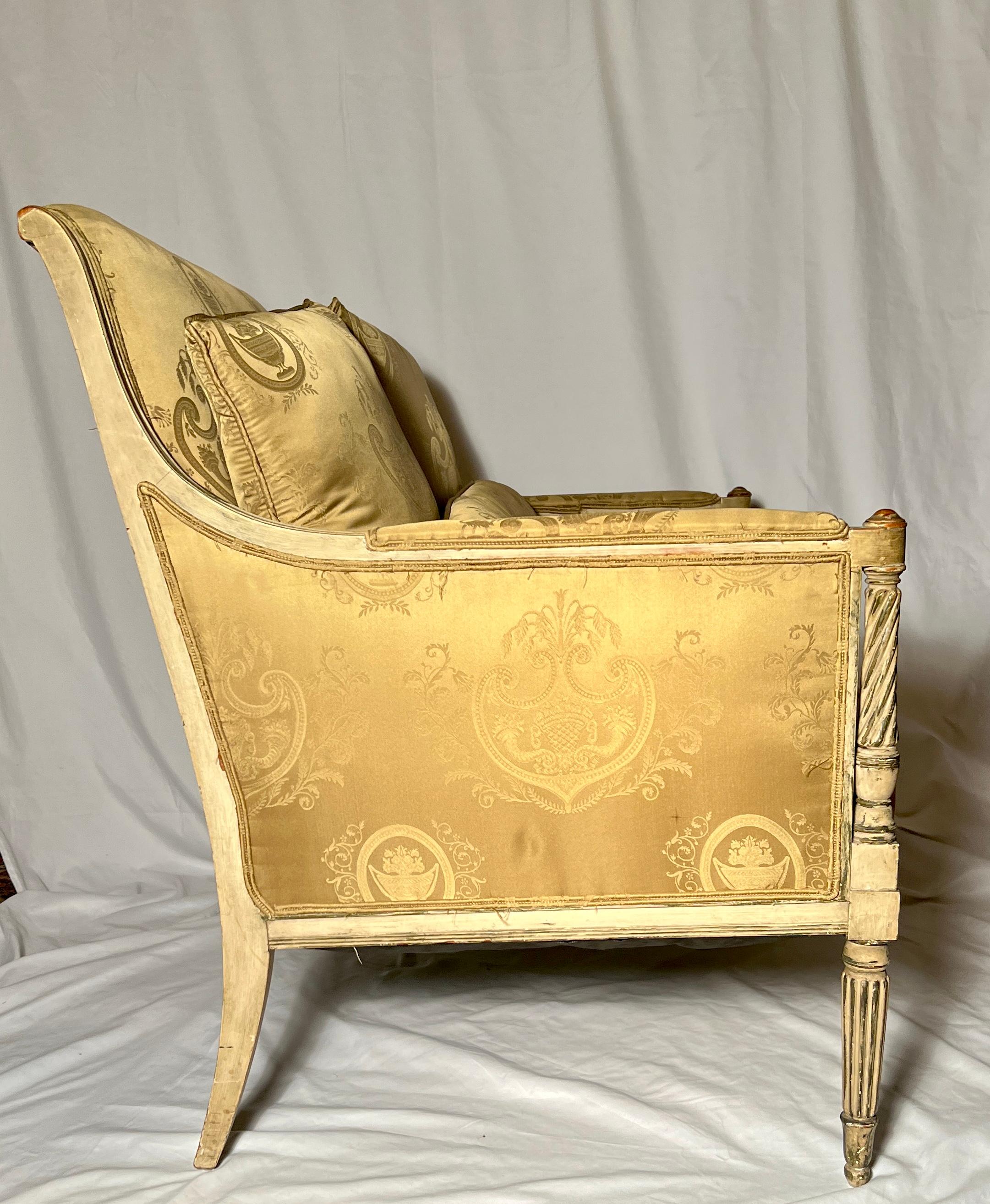 Antique French Directoire Style Painted Marquise Armchair, Circa 1870.
Fine yellow silk upholstery.