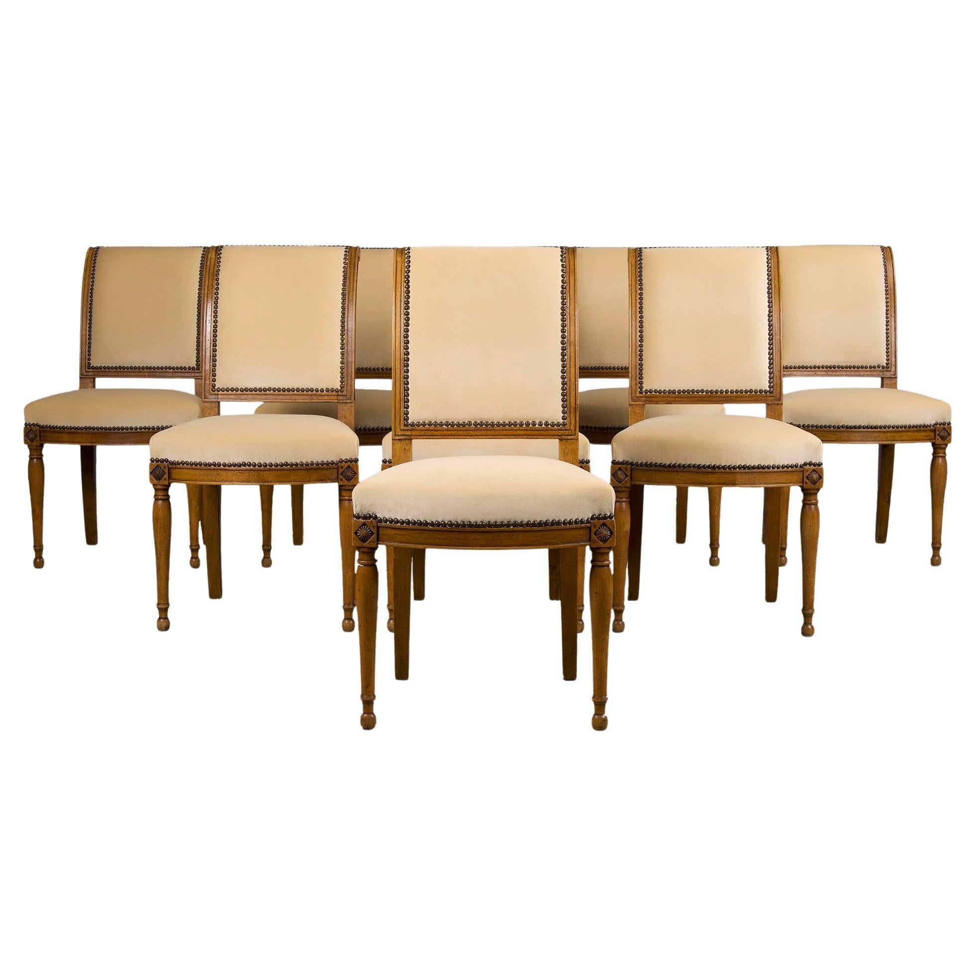 Antique French Napoleon III Style Oak Dining Chairs W/ Green Velvet