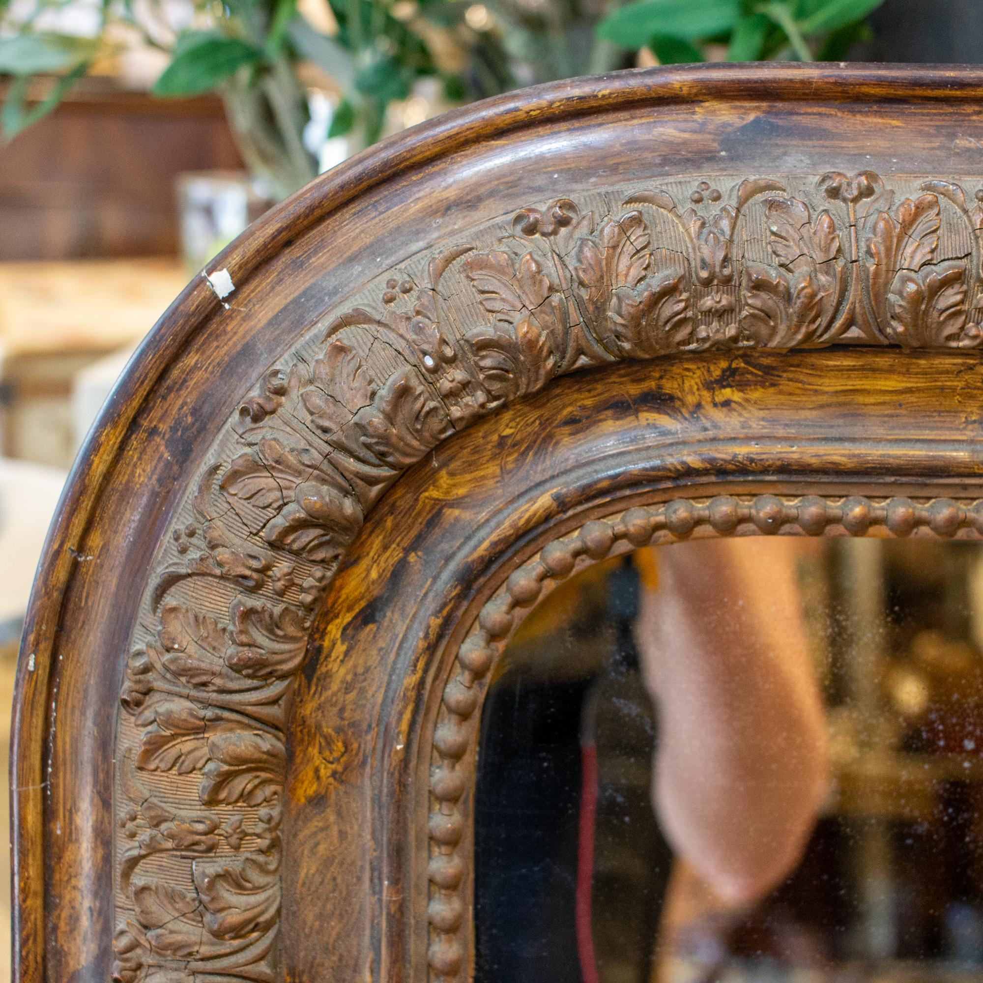 Plaster Antique French Distressed Finish Louis Philippe Mirror with Floral Details