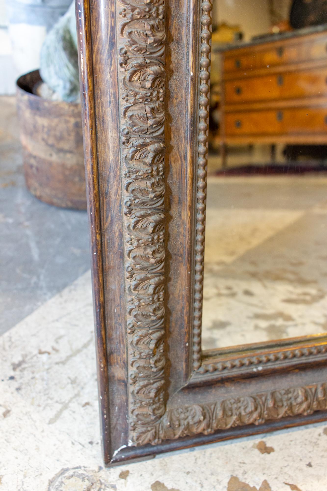 Antique French Distressed Finish Louis Philippe Mirror with Floral Details 3