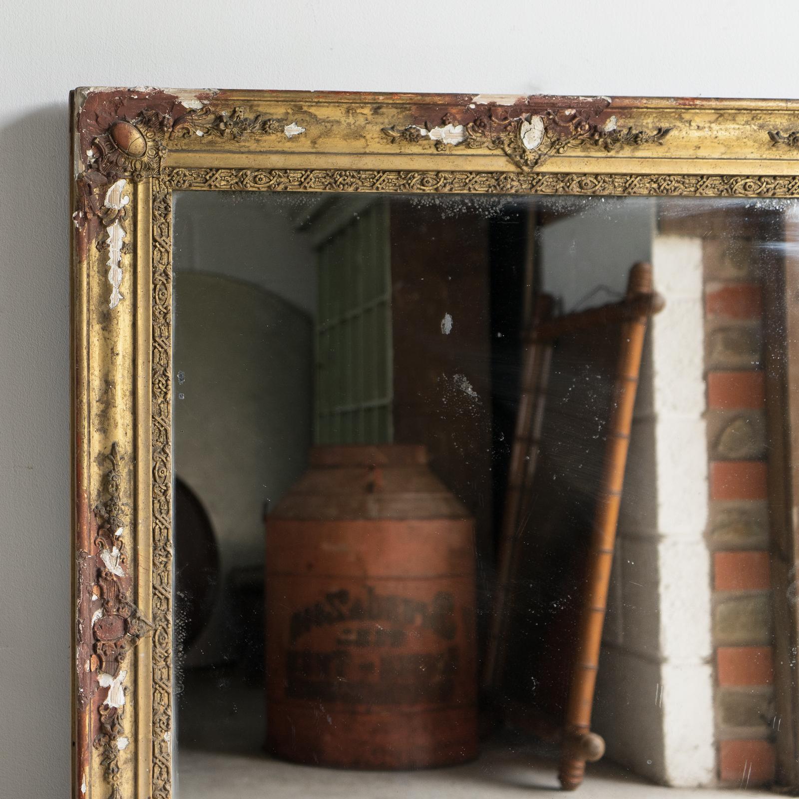 Antique French Distressed Gesso Framed Overmantel Mirror, 19. (Vergoldet) im Angebot