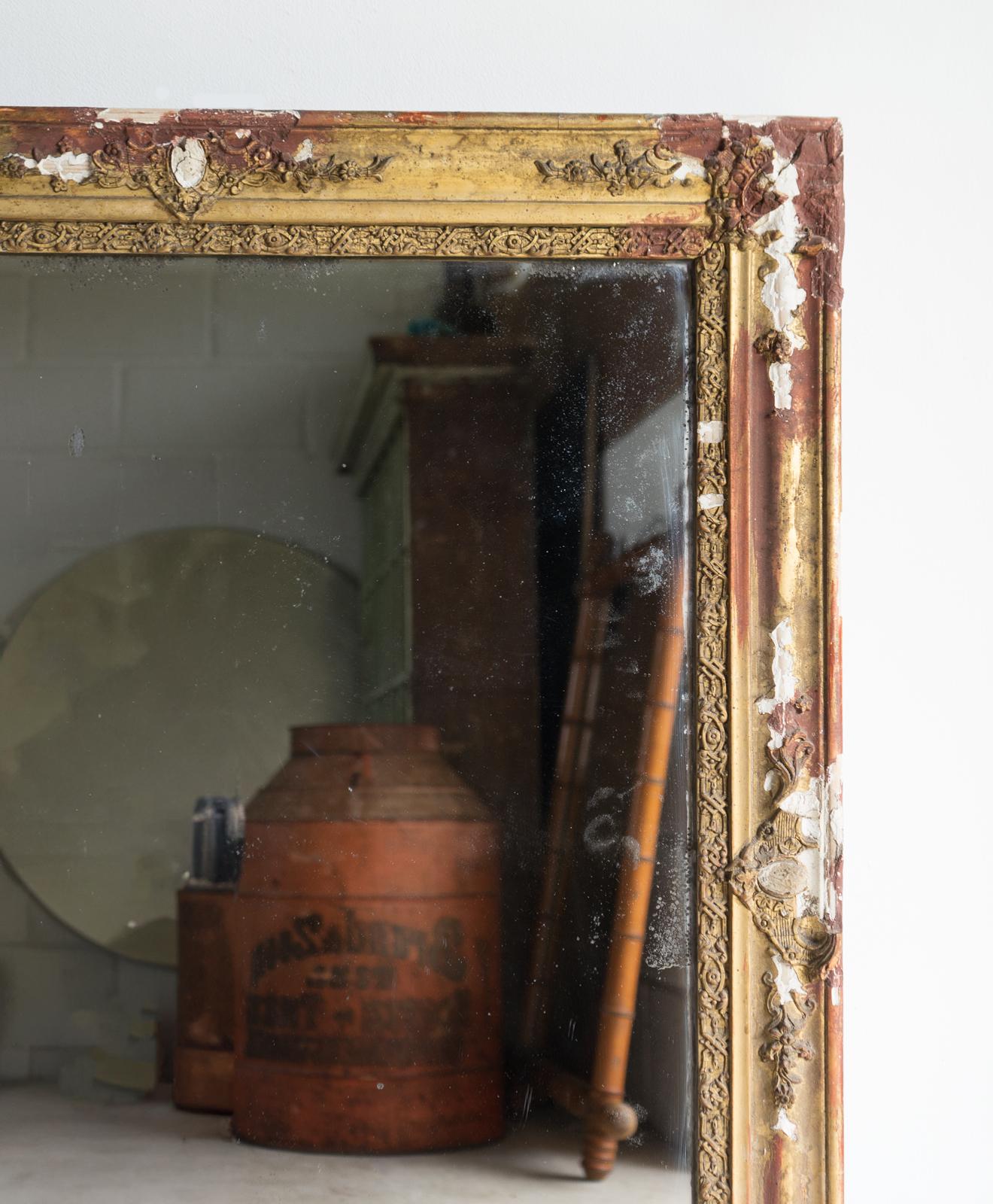 Antique French Distressed Gesso Framed Overmantel Mirror, 19. (19. Jahrhundert) im Angebot