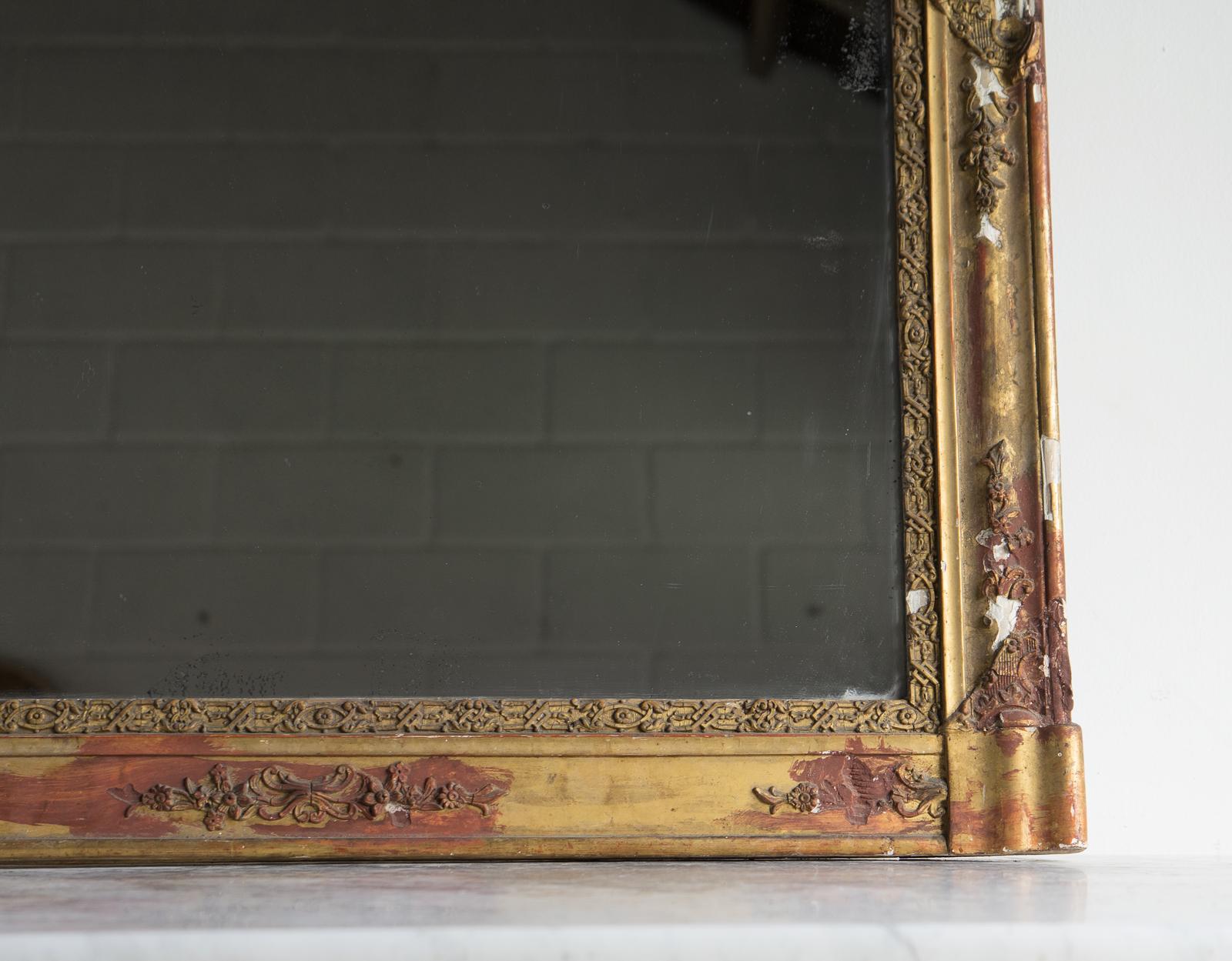 Antique French Distressed Gesso Framed Overmantel Mirror, 19. (Gips) im Angebot