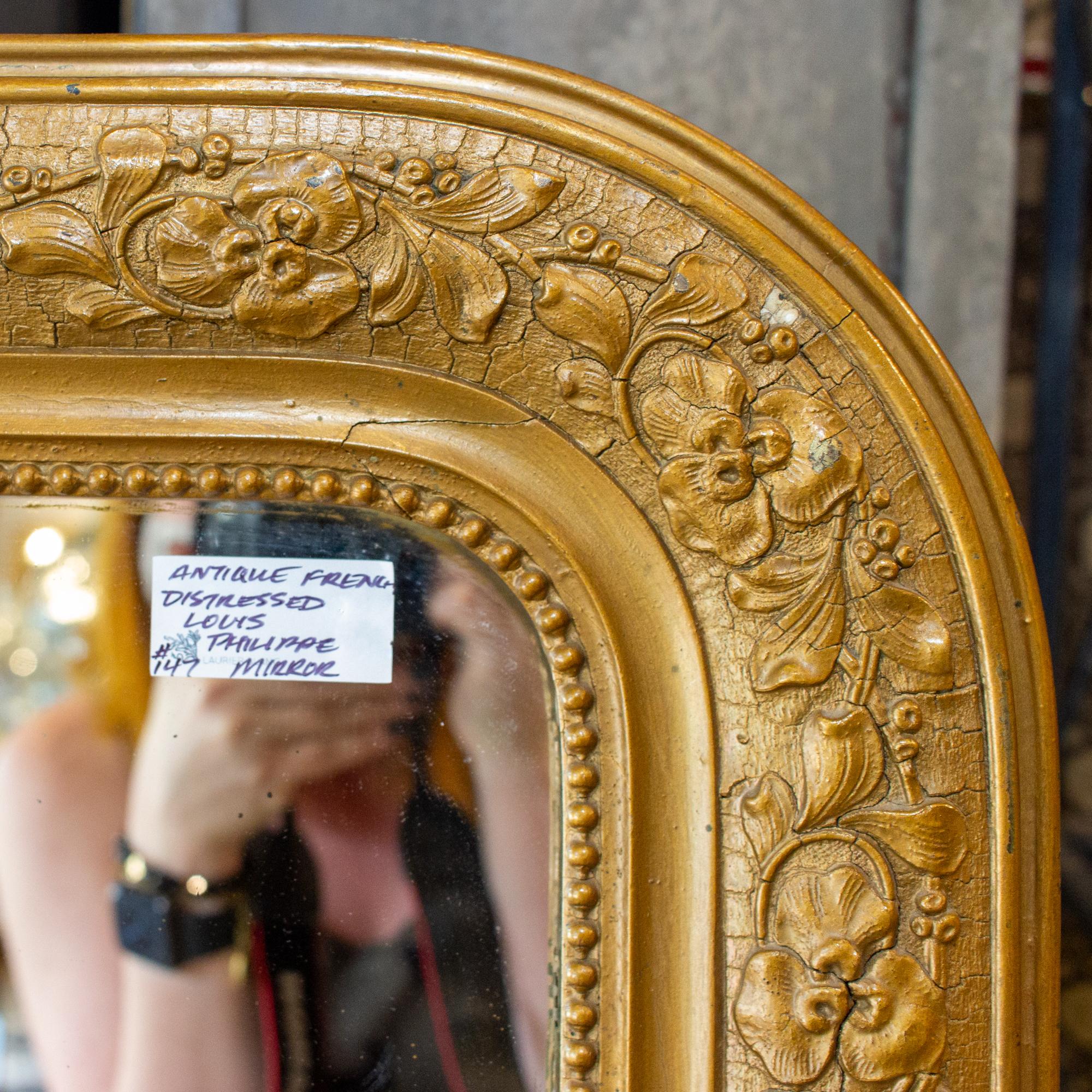 Early 20th Century Antique French Distressed Gold Louis Philippe Mirror with Floral Details For Sale