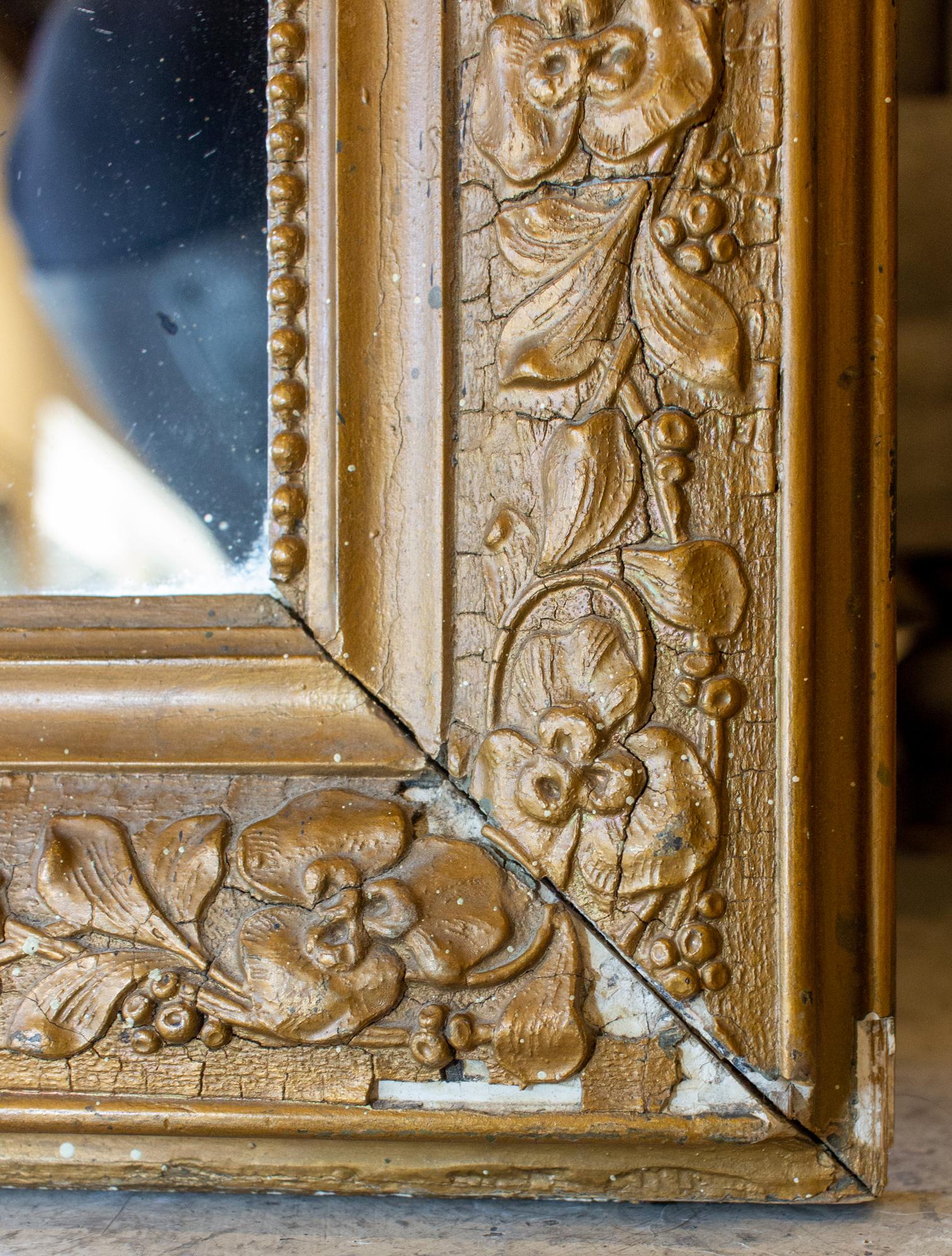 Antique French Distressed Gold Louis Philippe Mirror with Floral Details For Sale 1