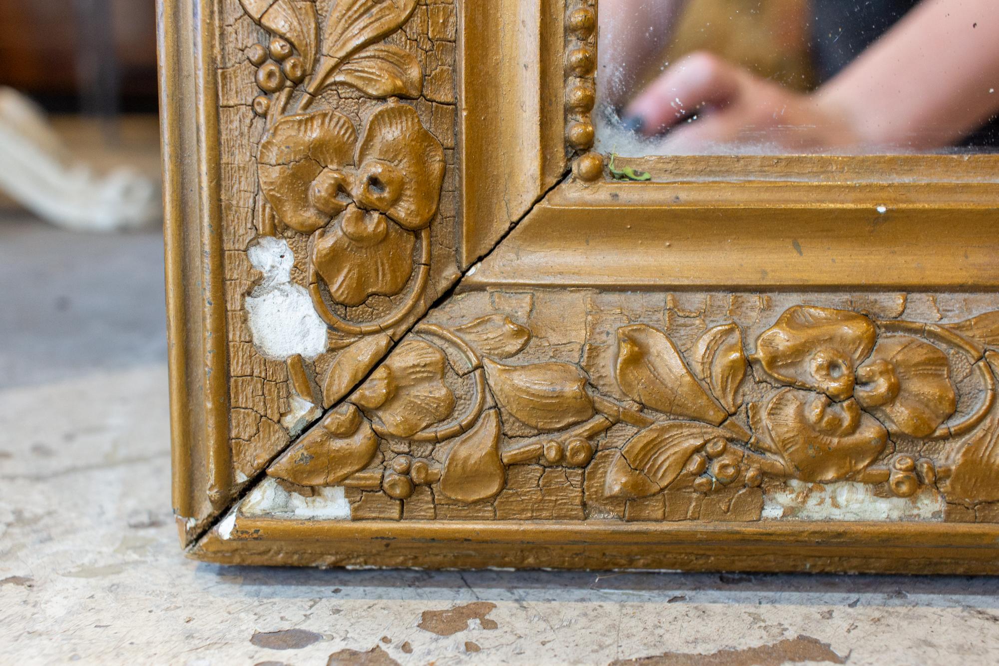 Antique French Distressed Gold Louis Philippe Mirror with Floral Details For Sale 2