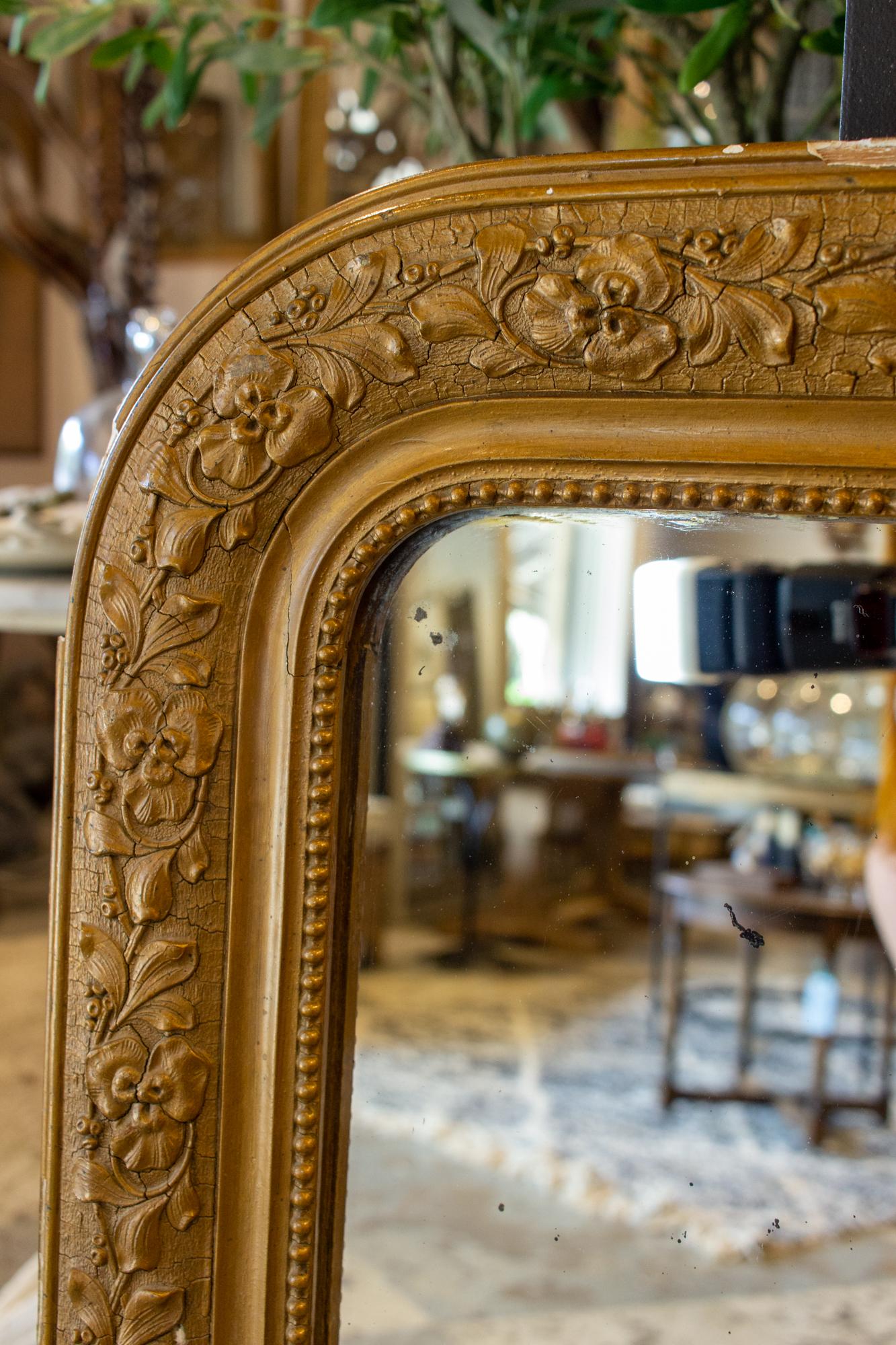 Antique French Distressed Gold Louis Philippe Mirror with Floral Details For Sale 3