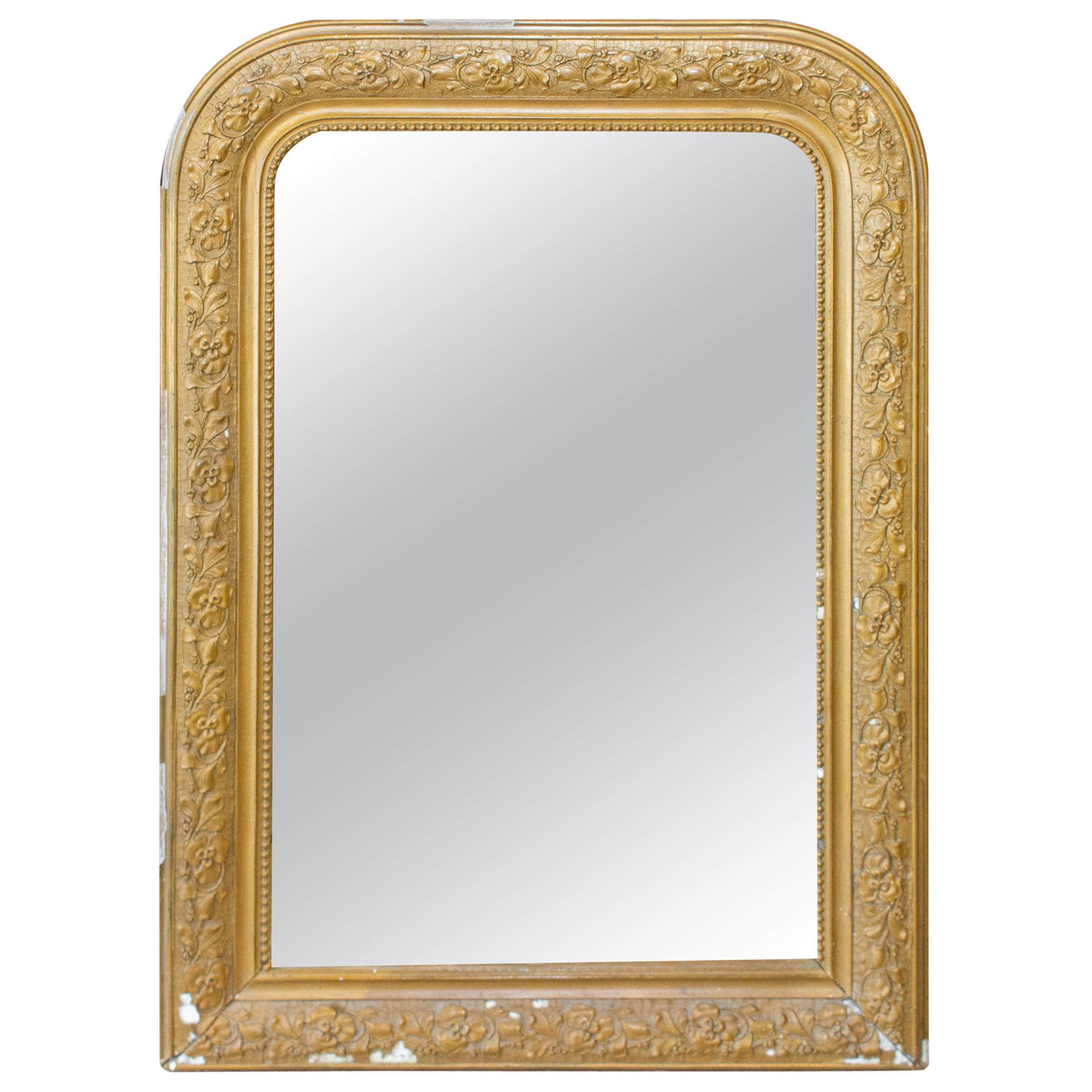 Antique French Distressed Gold Louis Philippe Mirror with Floral Details For Sale