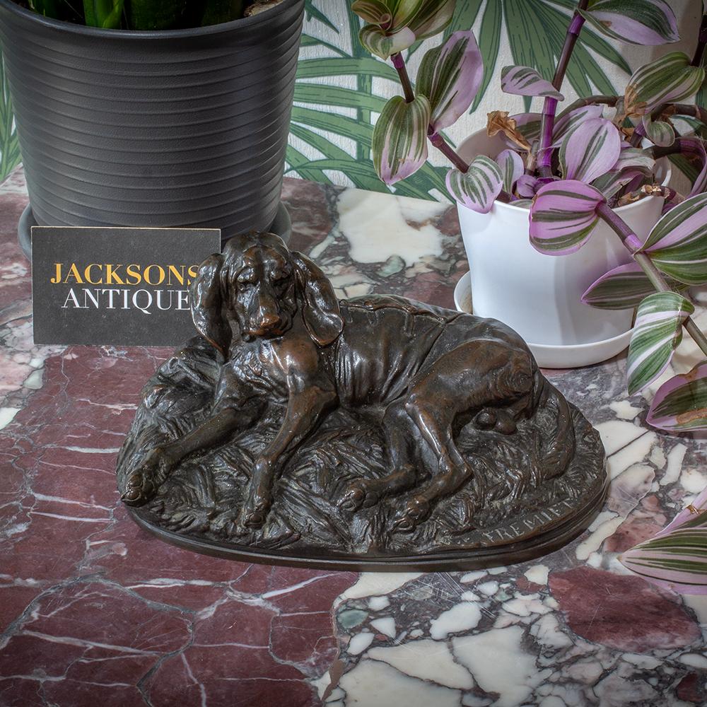 Modelled as a Wounded Hound

From our Sculpture collection we are delighted to offer this French Dog Bronze by Emmanuel Fremiet. The French Bronze modelled as a laying wounded dog having material wrapped around its injury to recover. The Bronze with