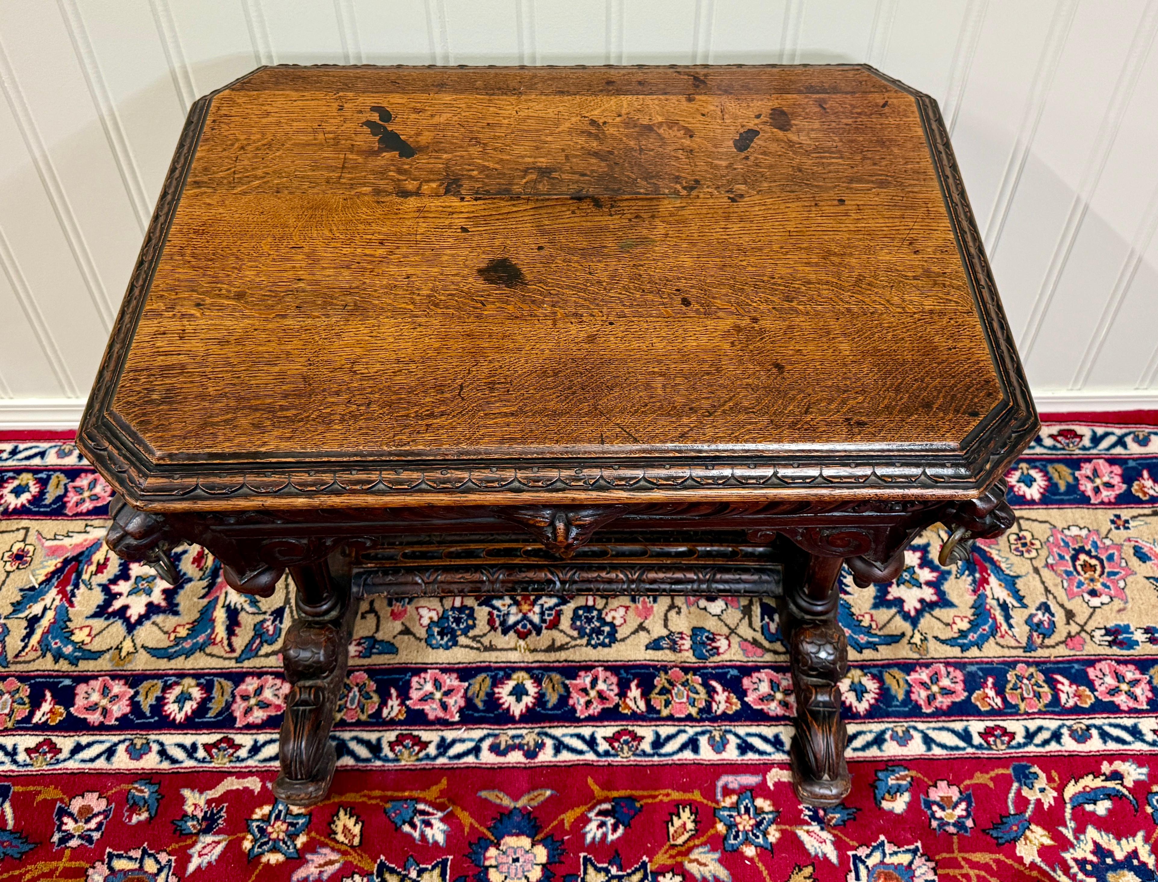 Antique French Dolphin Table Desk Renaissance Revival PETITE Drawer Oak c.1890s For Sale 6