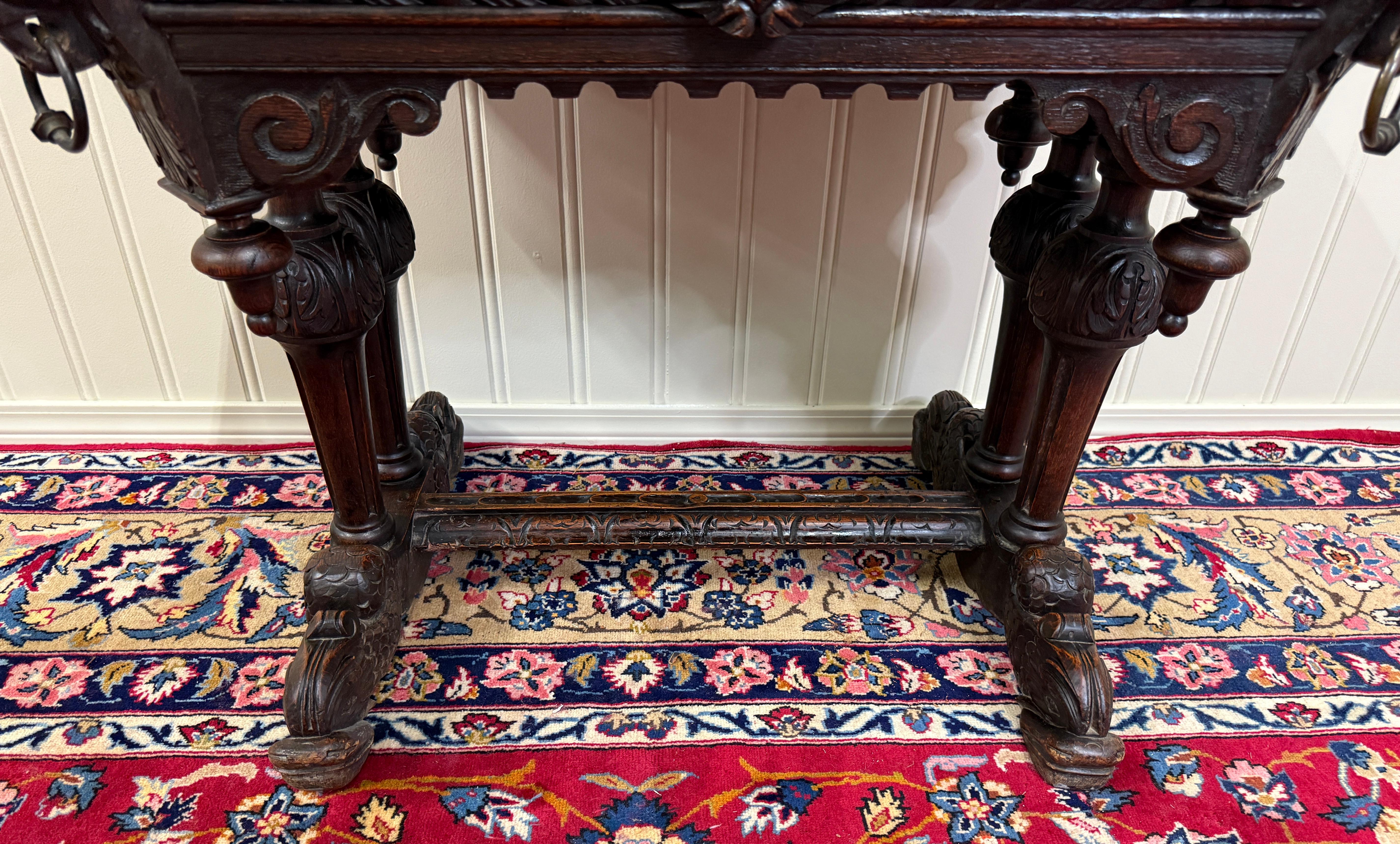 Antique French Dolphin Table Desk Renaissance Revival PETITE Drawer Oak c.1890s For Sale 8