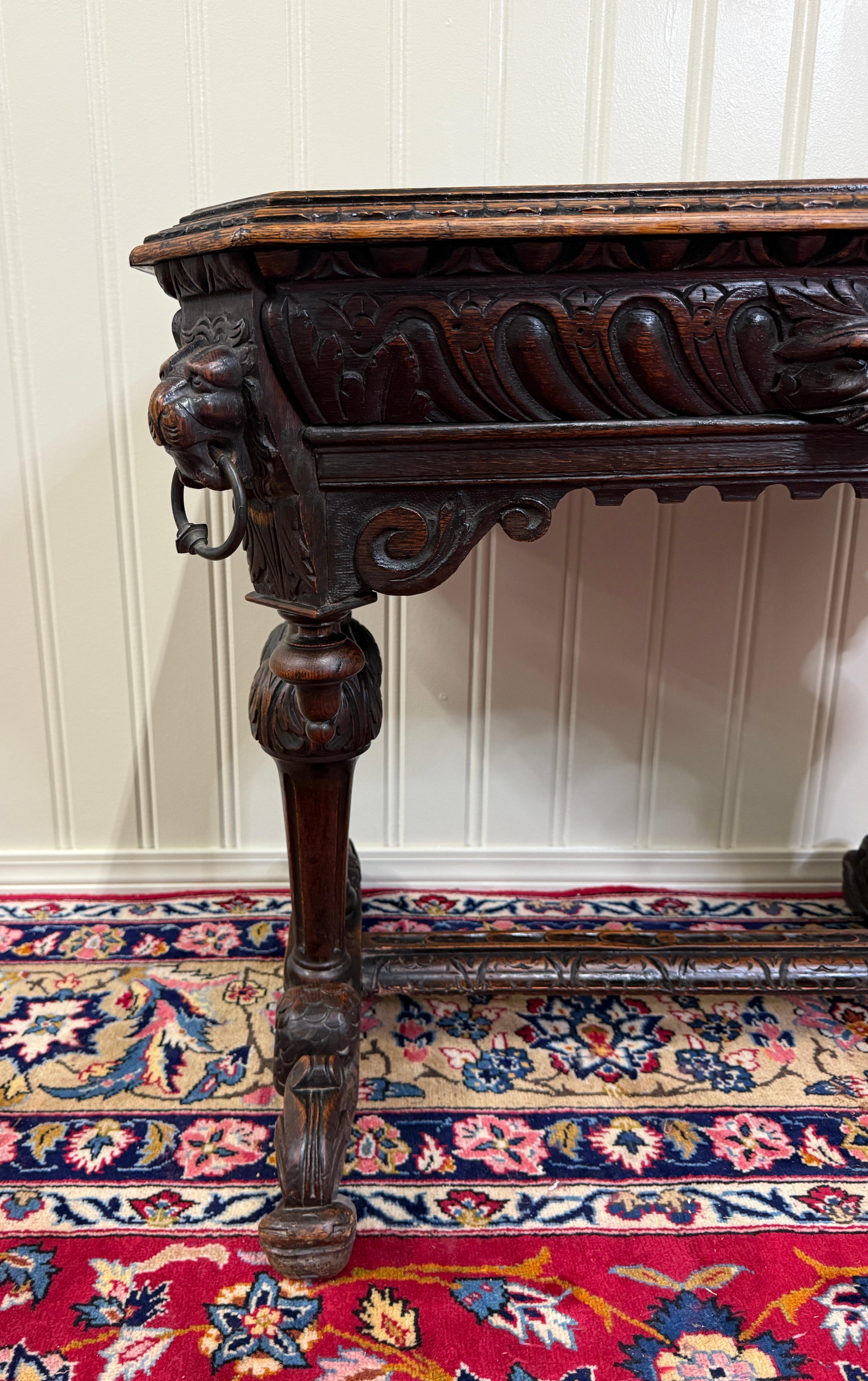Antique French Dolphin Table Desk Renaissance Revival PETITE Drawer Oak c.1890s For Sale 9