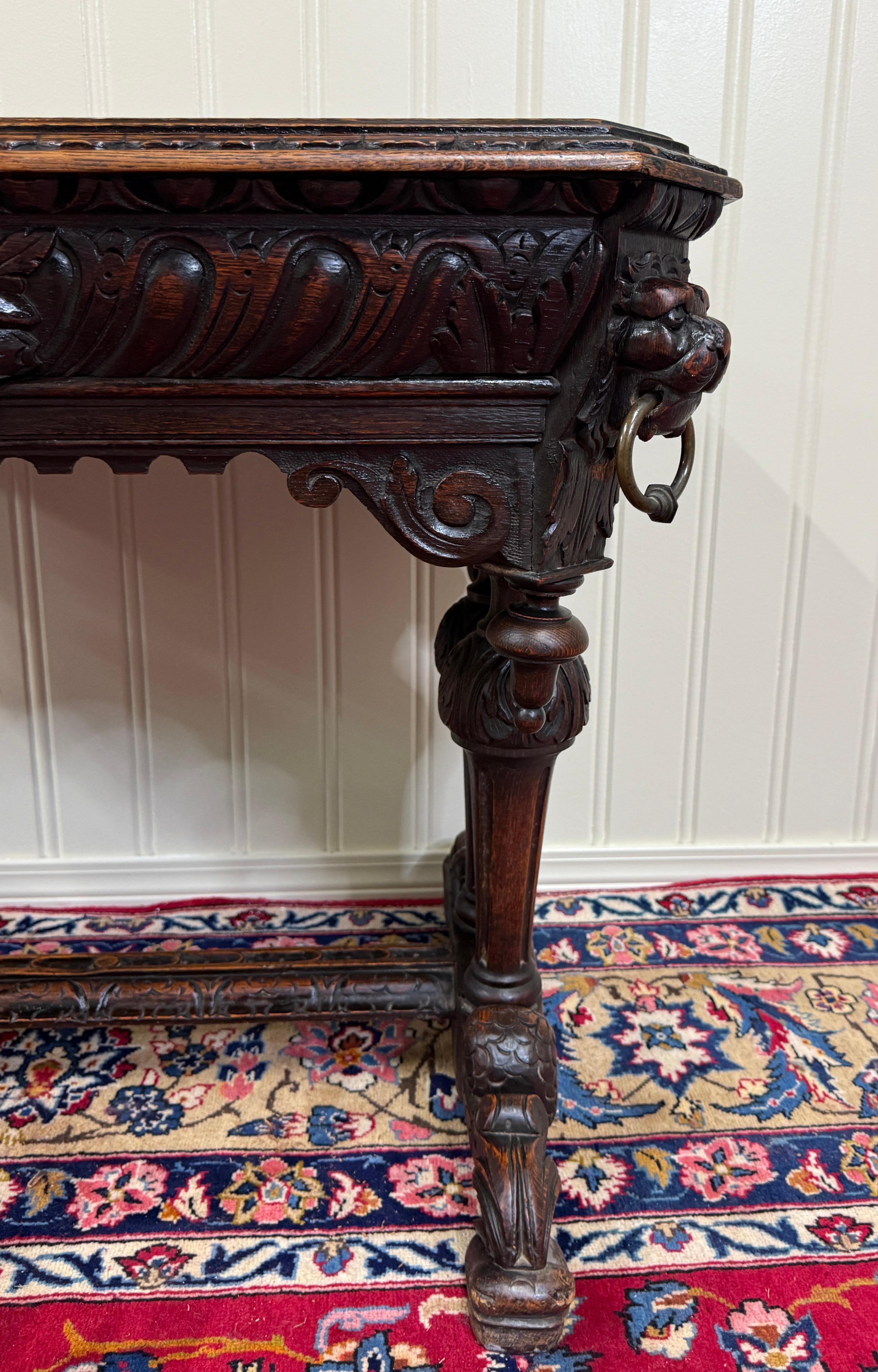 Antique French Dolphin Table Desk Renaissance Revival PETITE Drawer Oak c.1890s For Sale 10