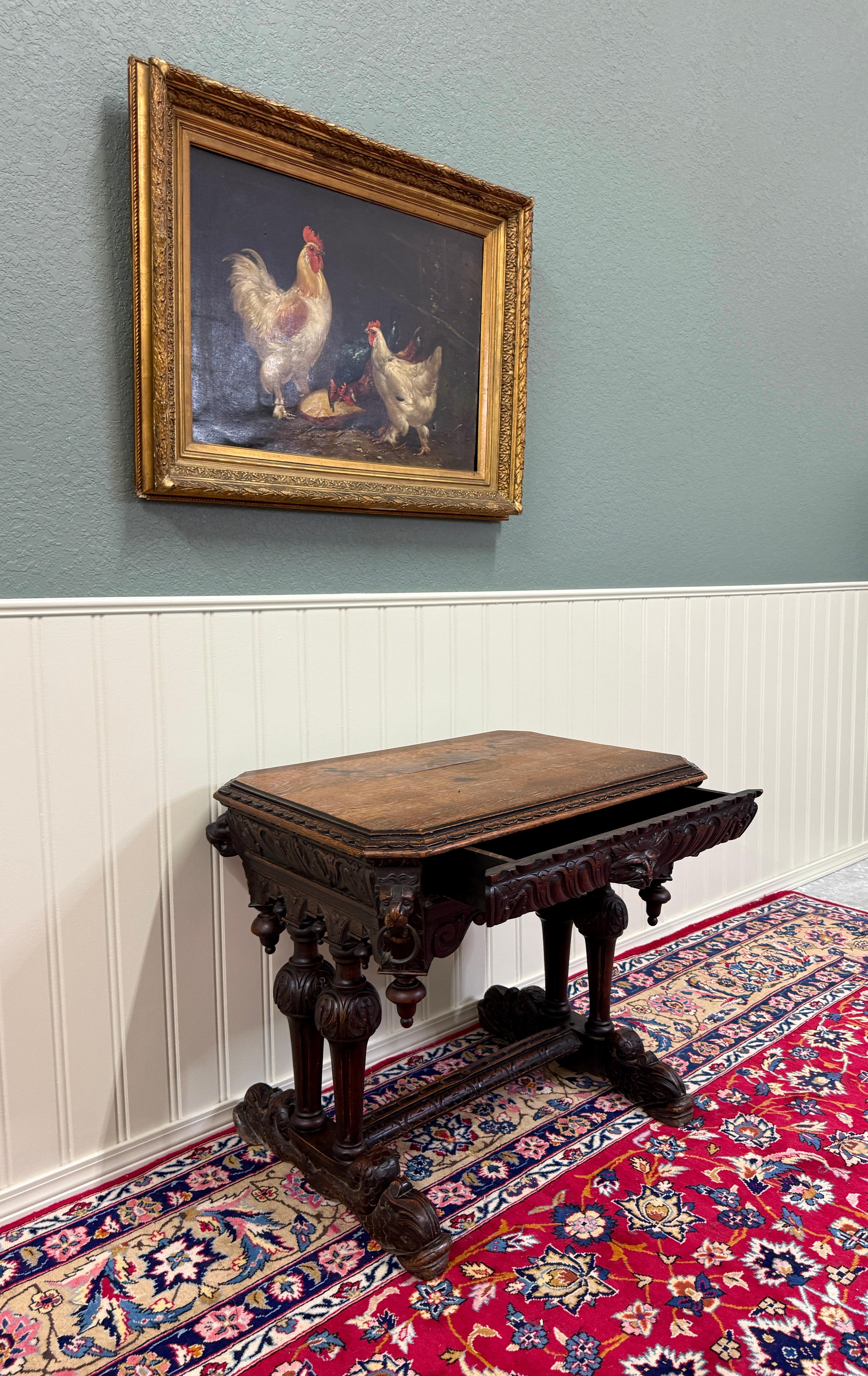 Antique French Dolphin Table Desk Renaissance Revival PETITE Drawer Oak c.1890s For Sale 11