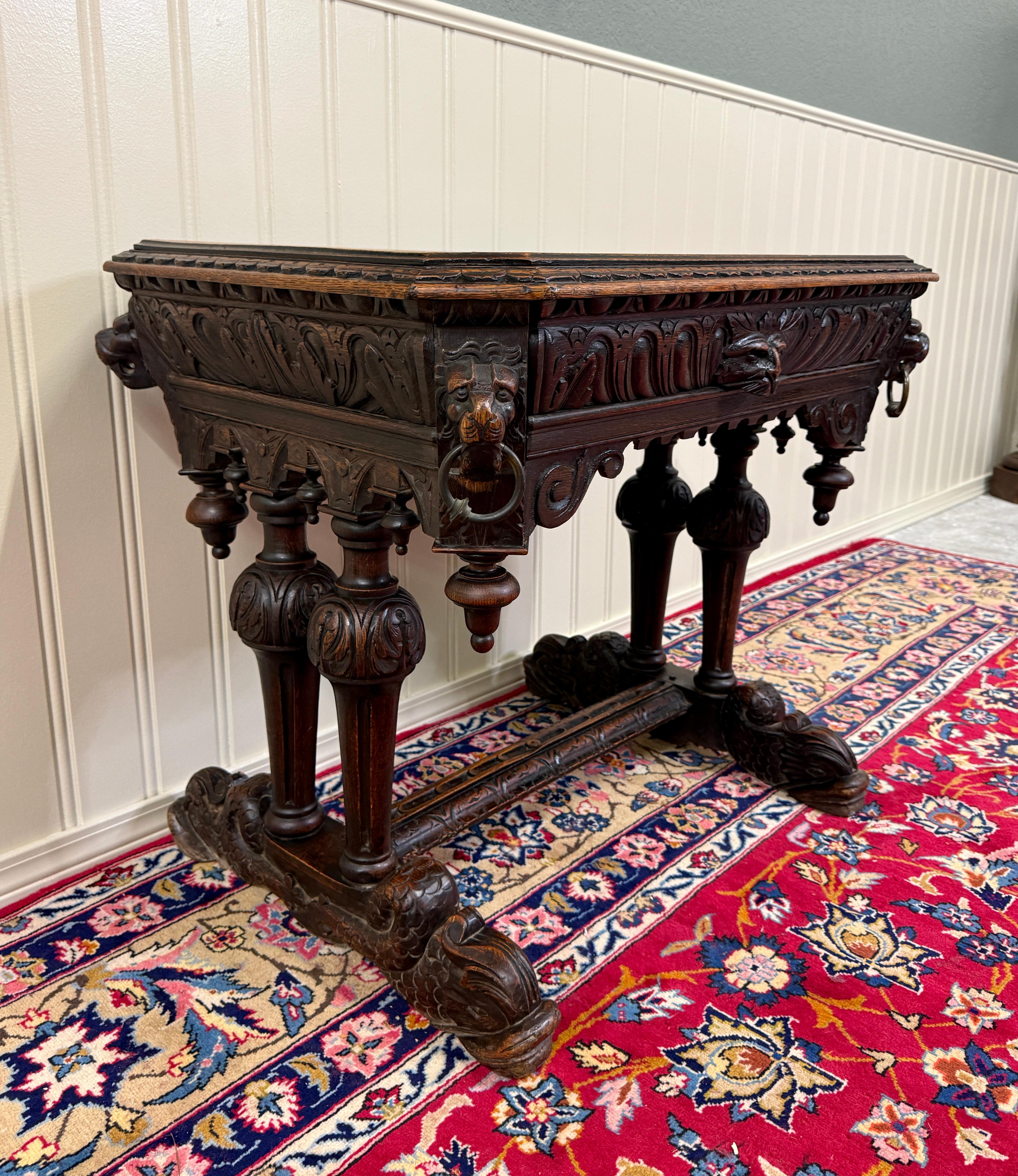 Antique French Dolphin Table Desk Renaissance Revival PETITE Drawer Oak c.1890s For Sale 12