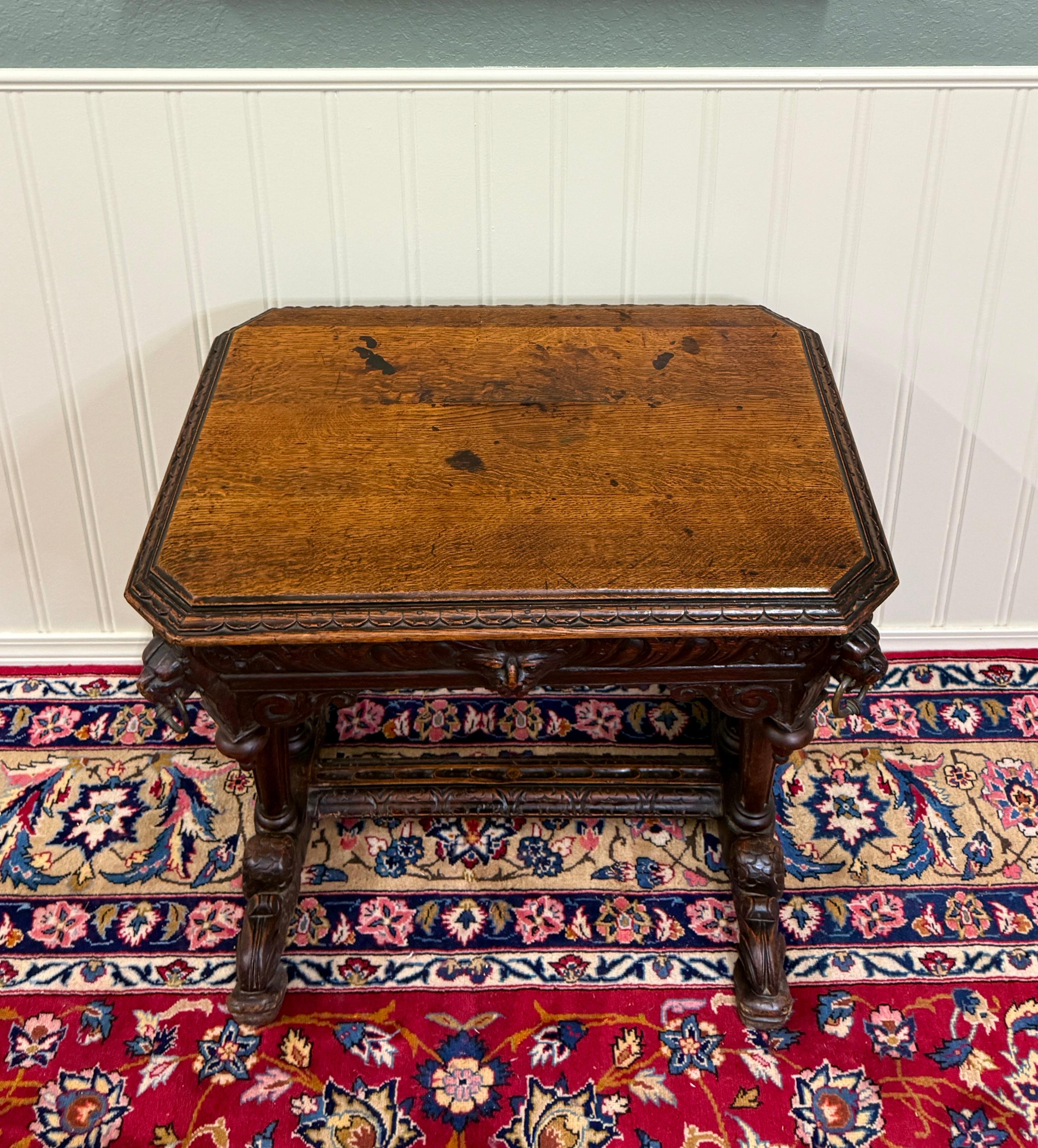 Antique French Dolphin Table Desk Renaissance Revival PETITE Drawer Oak c.1890s For Sale 13