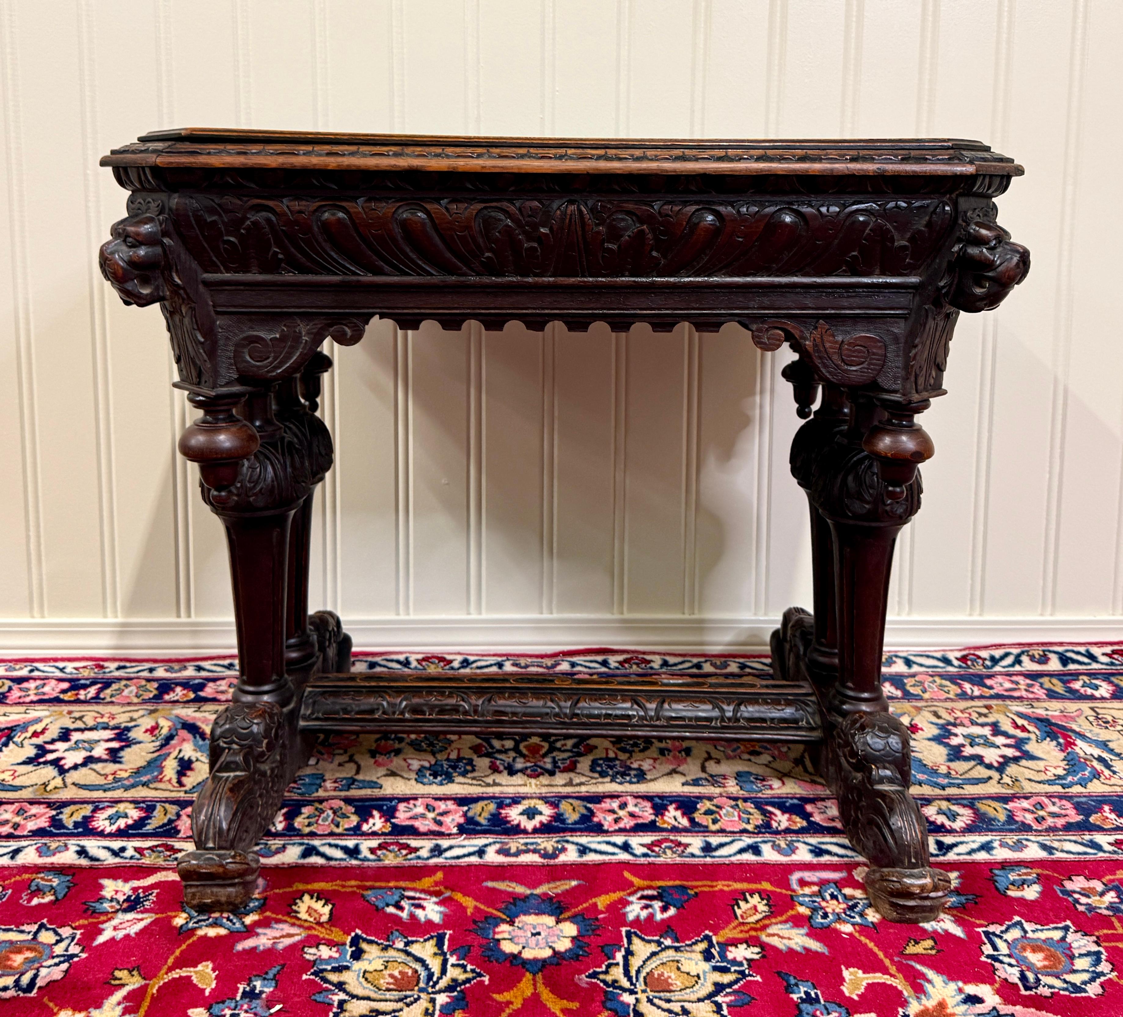 Antique French Dolphin Table Desk Renaissance Revival PETITE Drawer Oak c.1890s For Sale 14