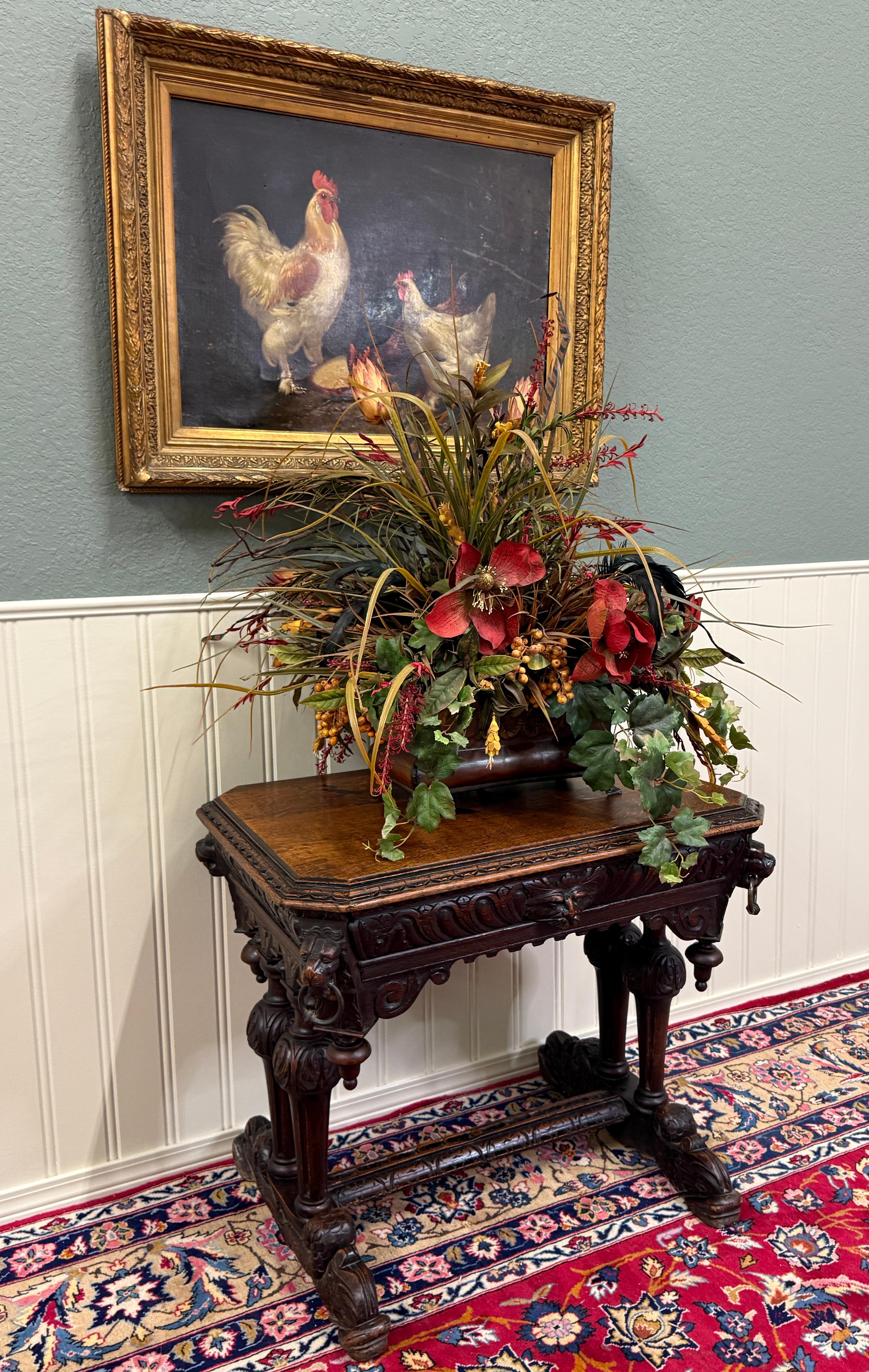 Antique French Dolphin Table Desk Renaissance Revival PETITE Drawer Oak c.1890s For Sale 15
