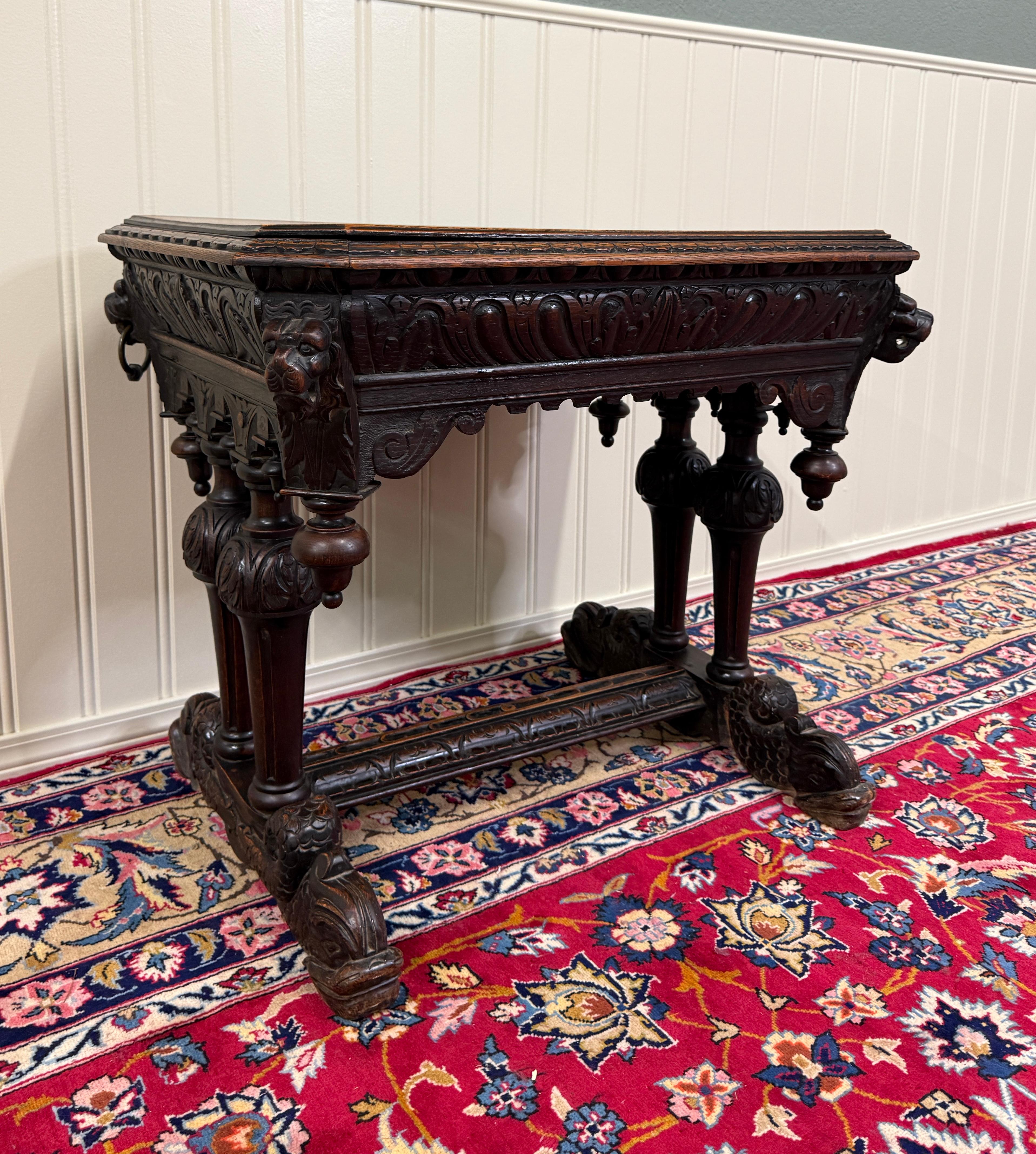 Antique French Dolphin Table Desk Renaissance Revival PETITE Drawer Oak c.1890s For Sale 16