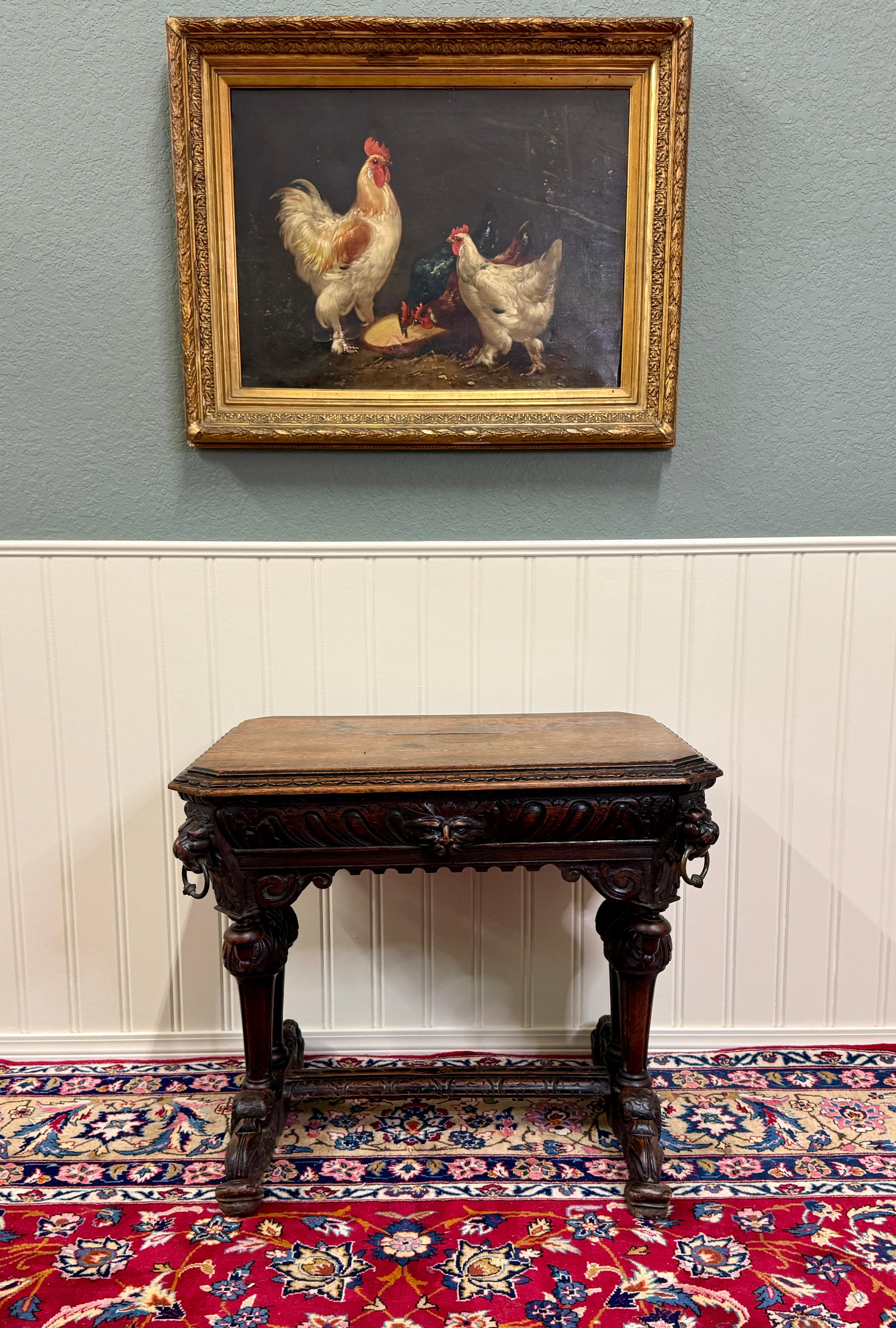 Antique French Dolphin Table Desk Renaissance Revival PETITE Drawer Oak c.1890s In Good Condition For Sale In Tyler, TX