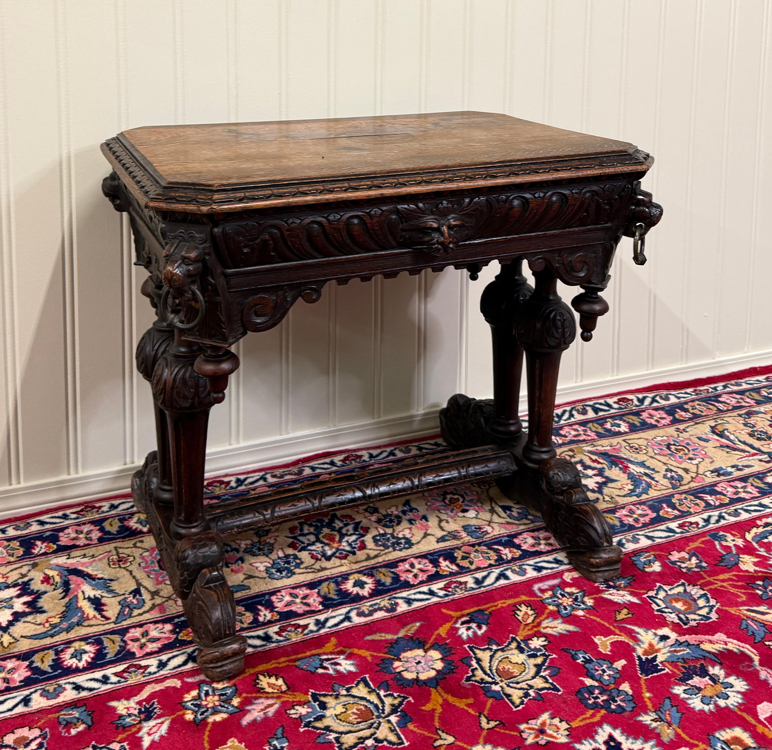 Antique French Dolphin Table Desk Renaissance Revival PETITE Drawer Oak c.1890s For Sale 1