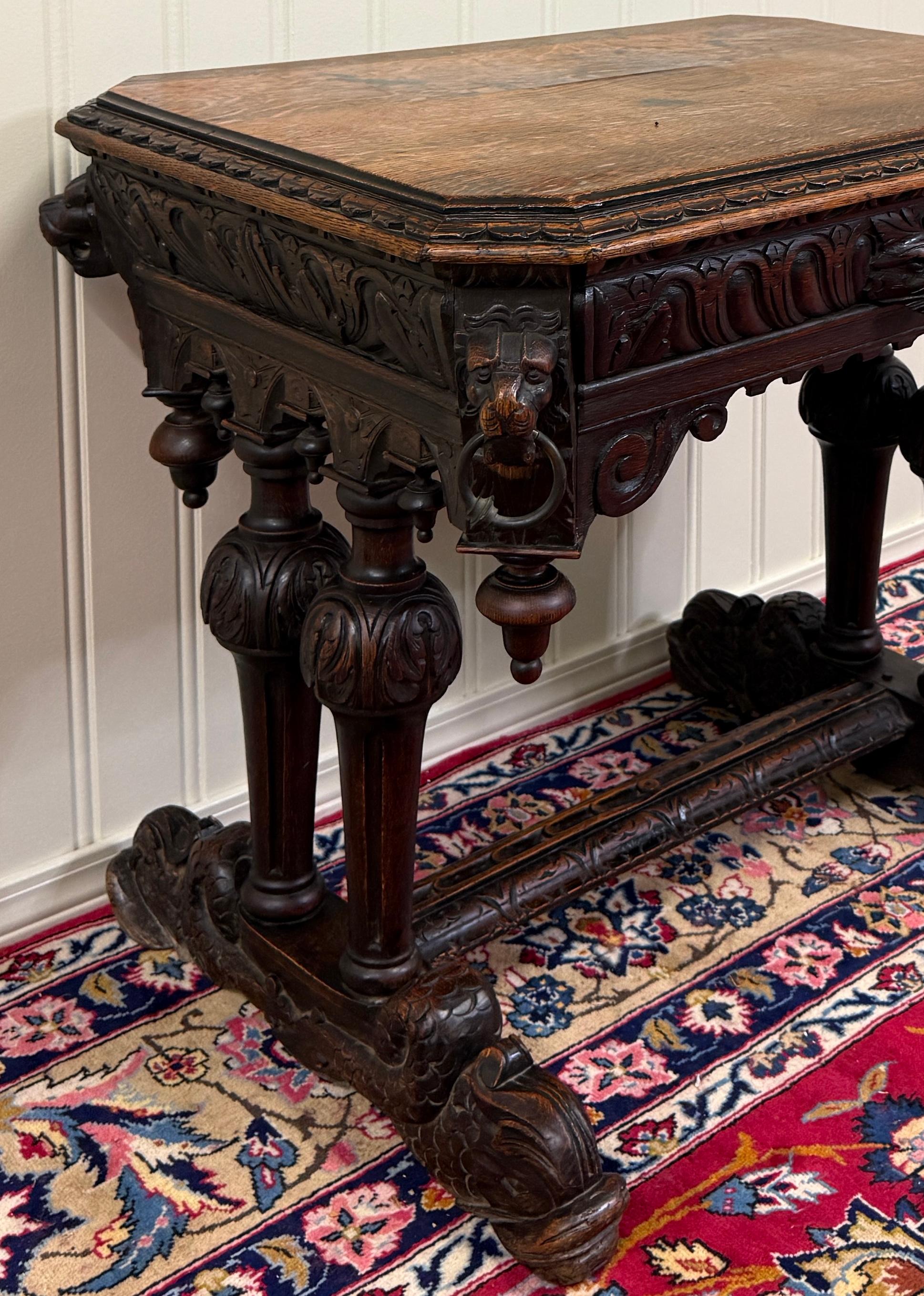 Antique French Dolphin Table Desk Renaissance Revival PETITE Drawer Oak c.1890s For Sale 2