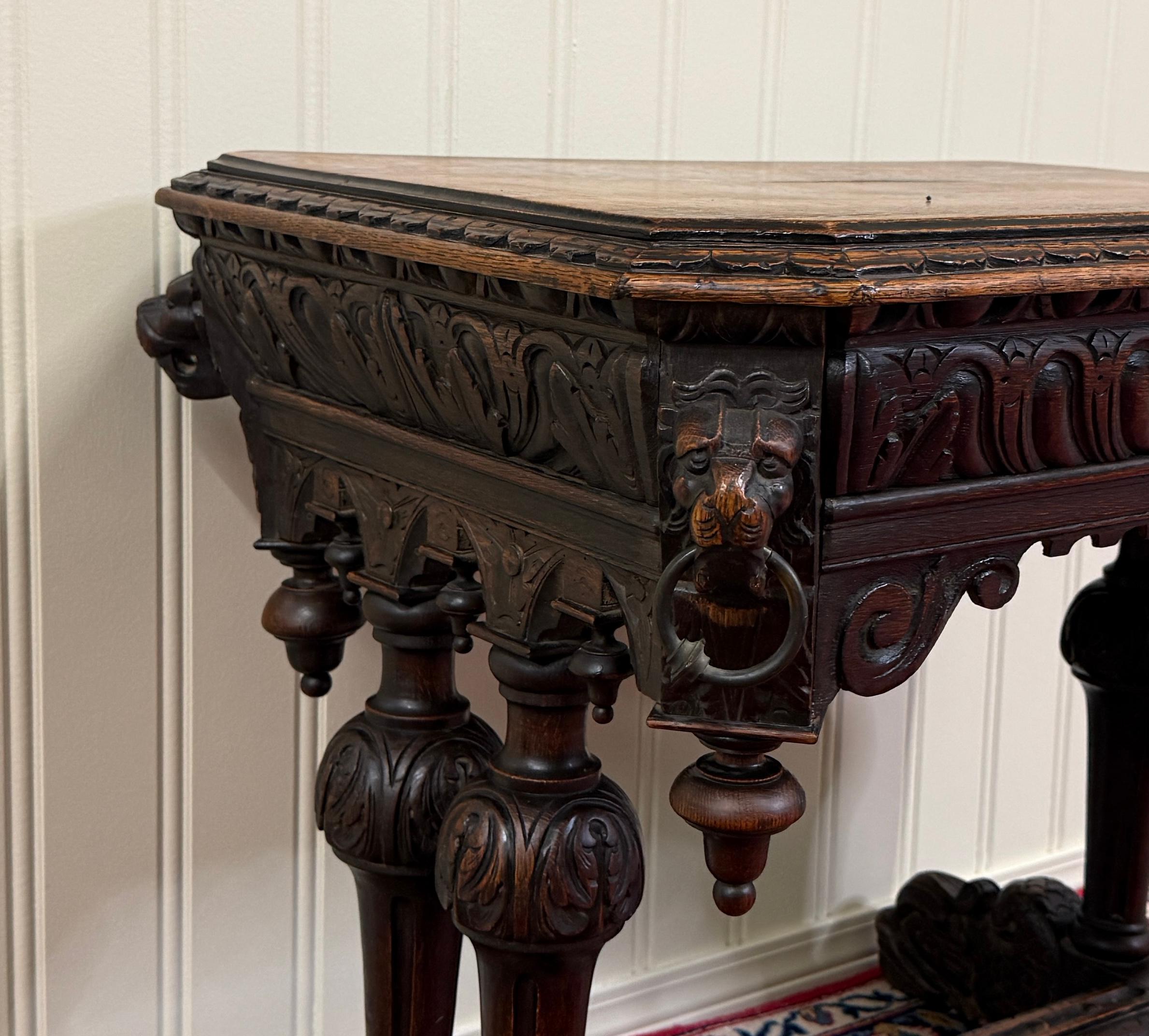 Antique French Dolphin Table Desk Renaissance Revival PETITE Drawer Oak c.1890s For Sale 4