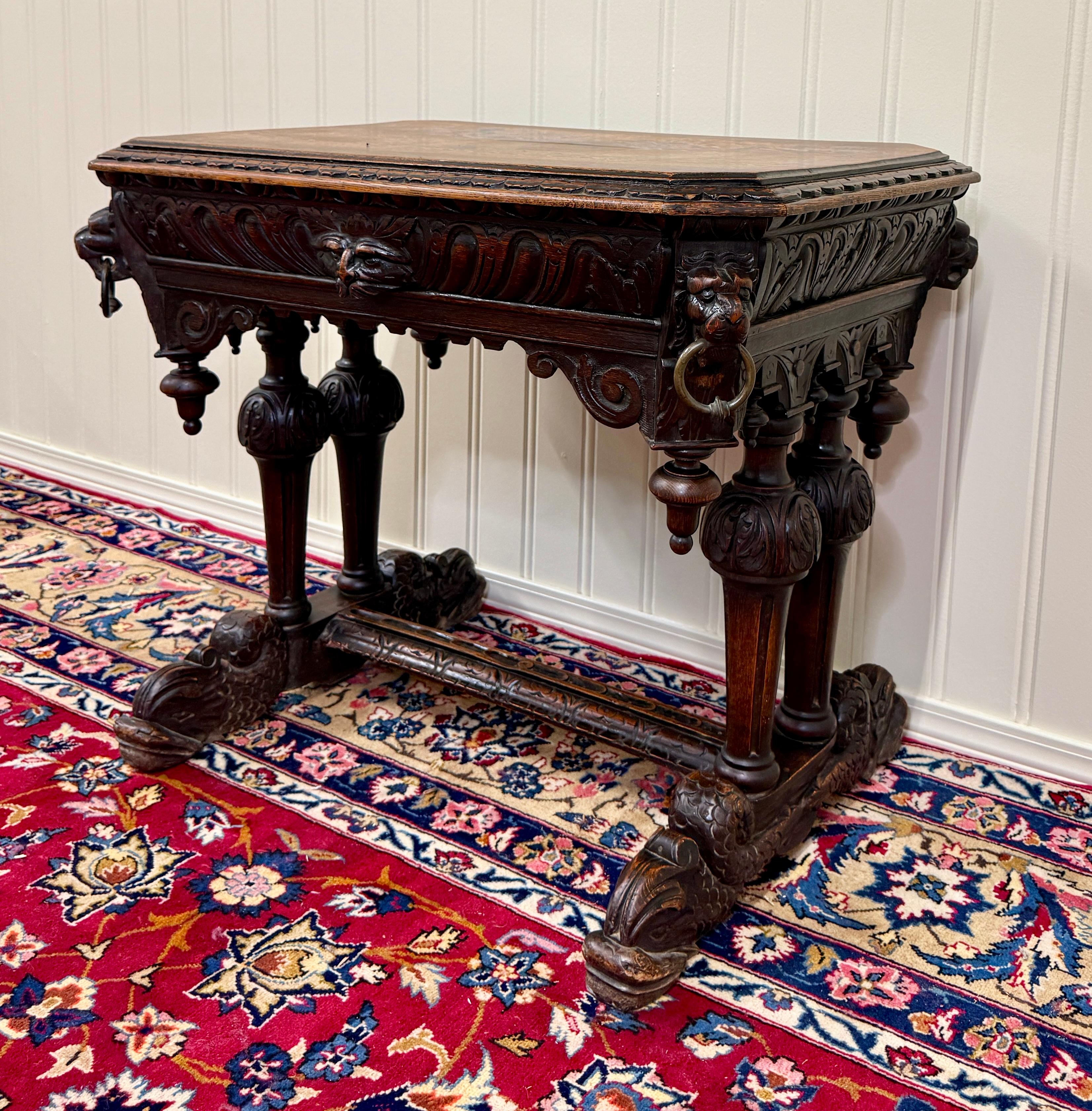 Antique French Dolphin Table Desk Renaissance Revival PETITE Drawer Oak c.1890s For Sale 5