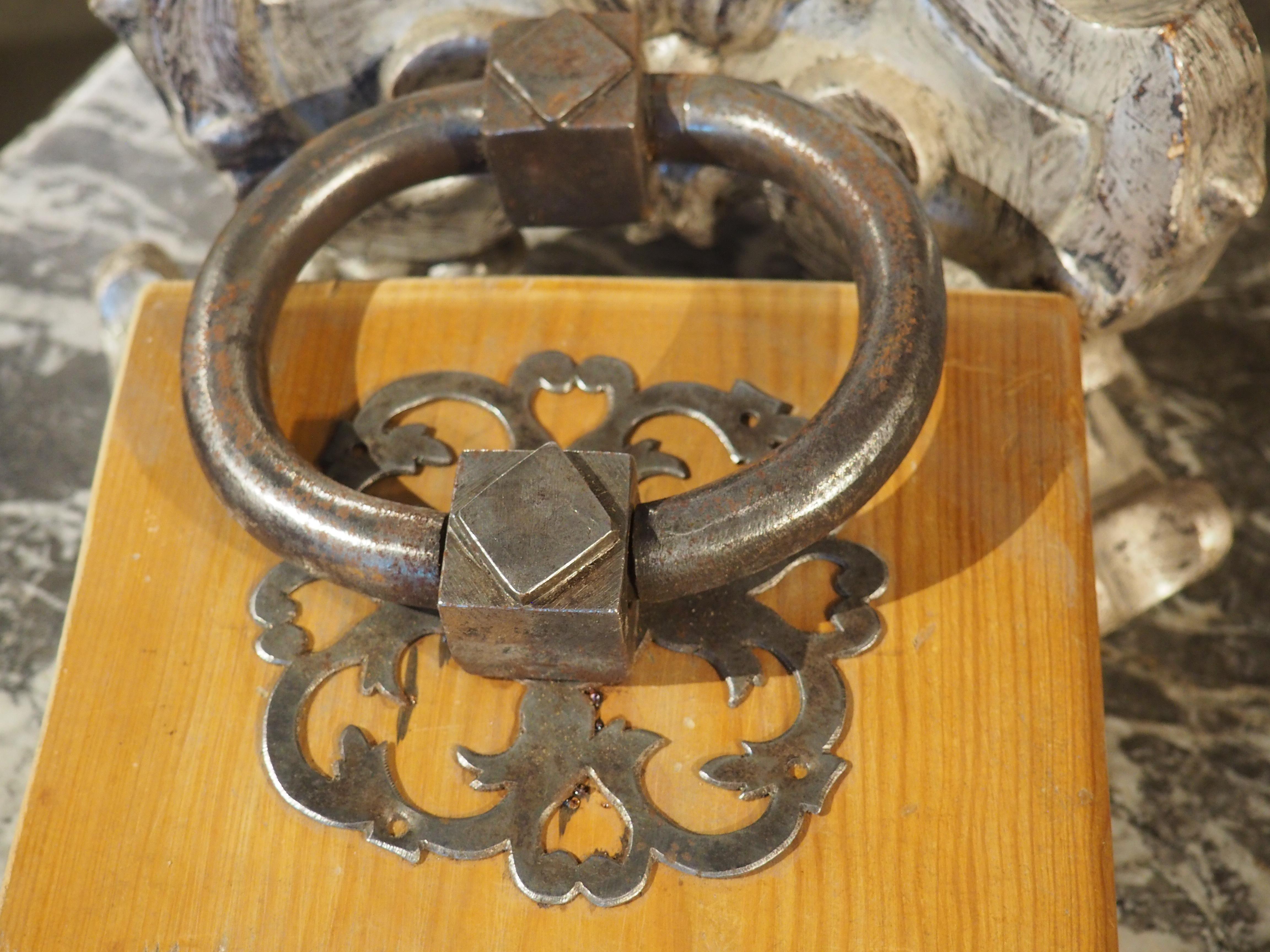 Antique French Door Knocker Pull With Pierced Backplate For Sale 1