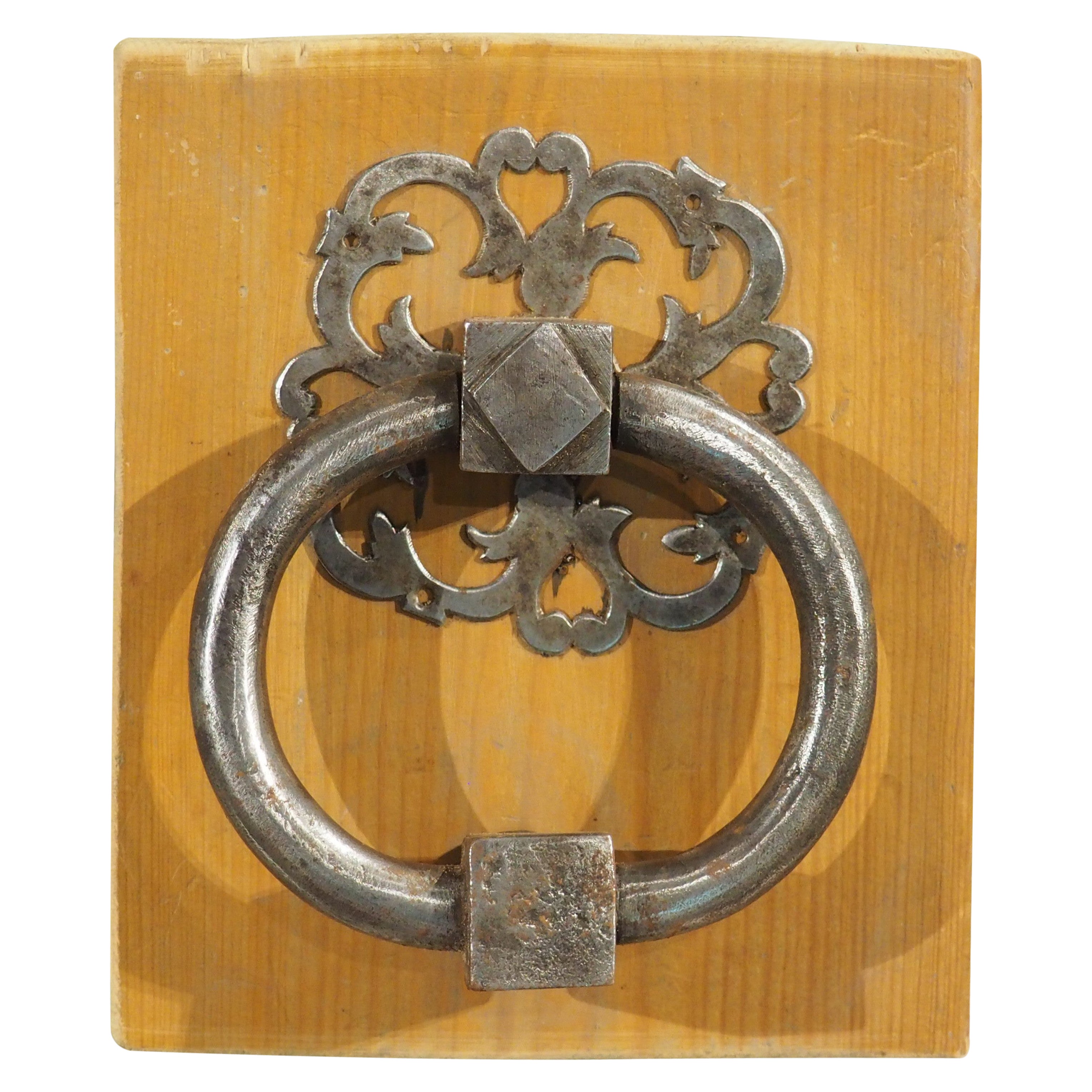 Antique French Door Knocker Pull With Pierced Backplate For Sale