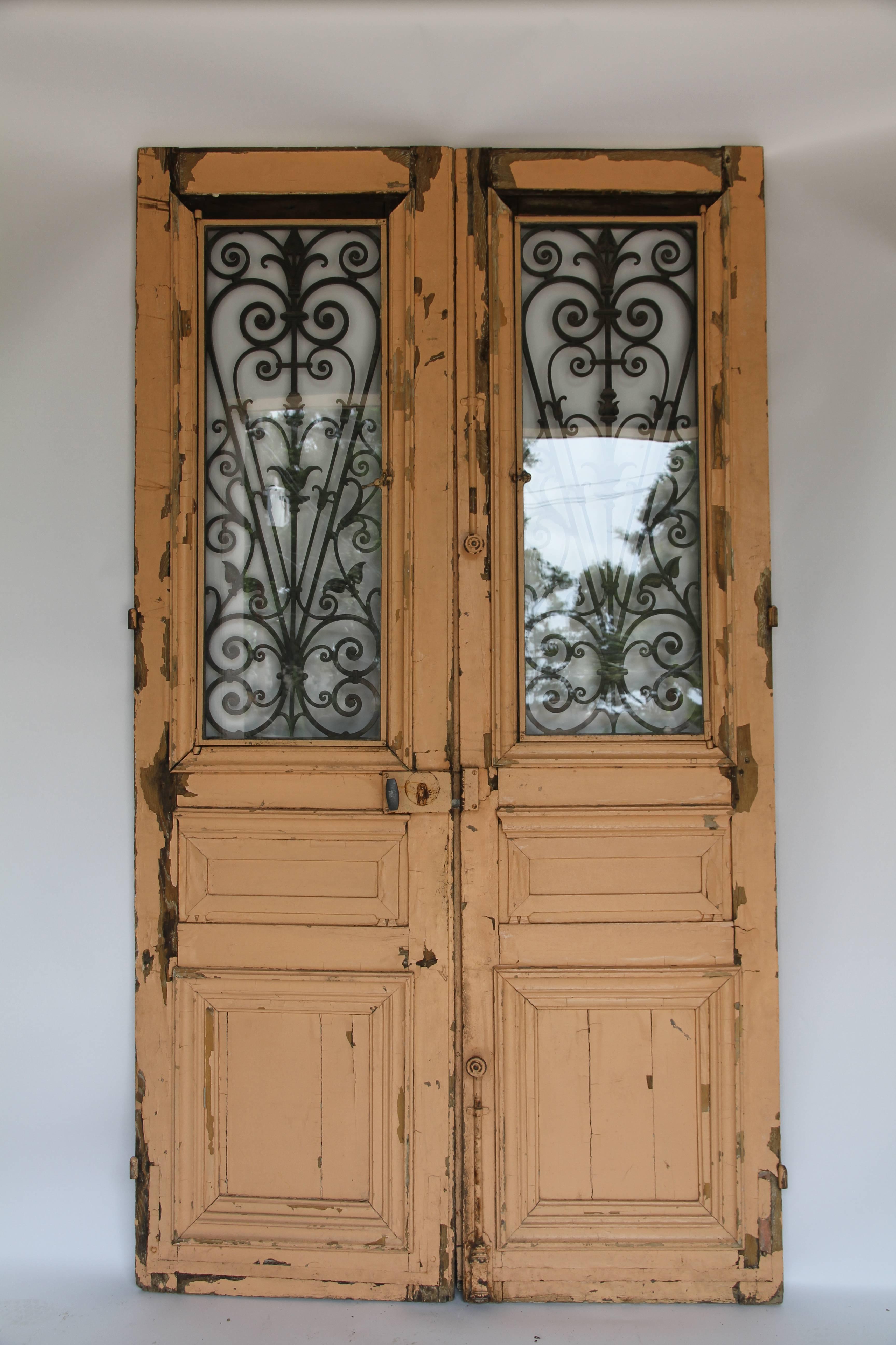 Antique French Doors with Iron and Glass Panels 1