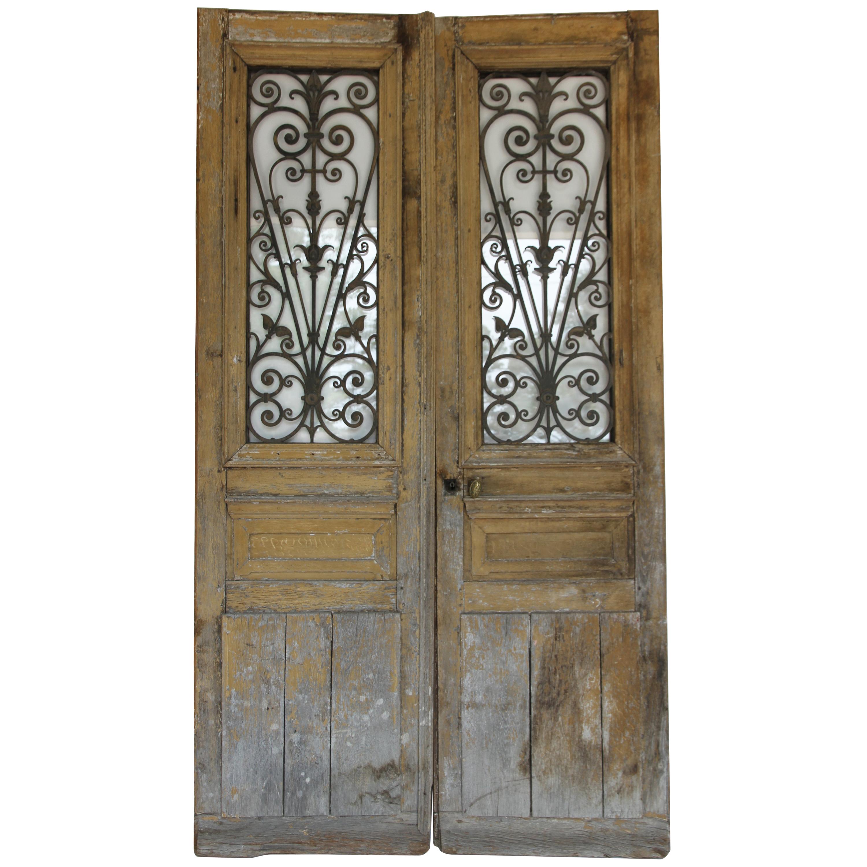 Antique French Doors with Iron and Glass Panels